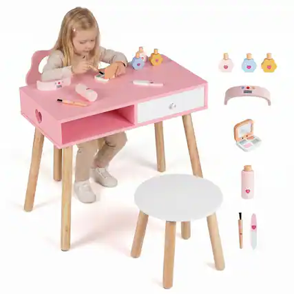Front. Costway - Costway Kids Pretend Nail Salon Playset with Chair Stool Wooden Toddlers Makeup Eye Shadow - Pink + Natural + White.
