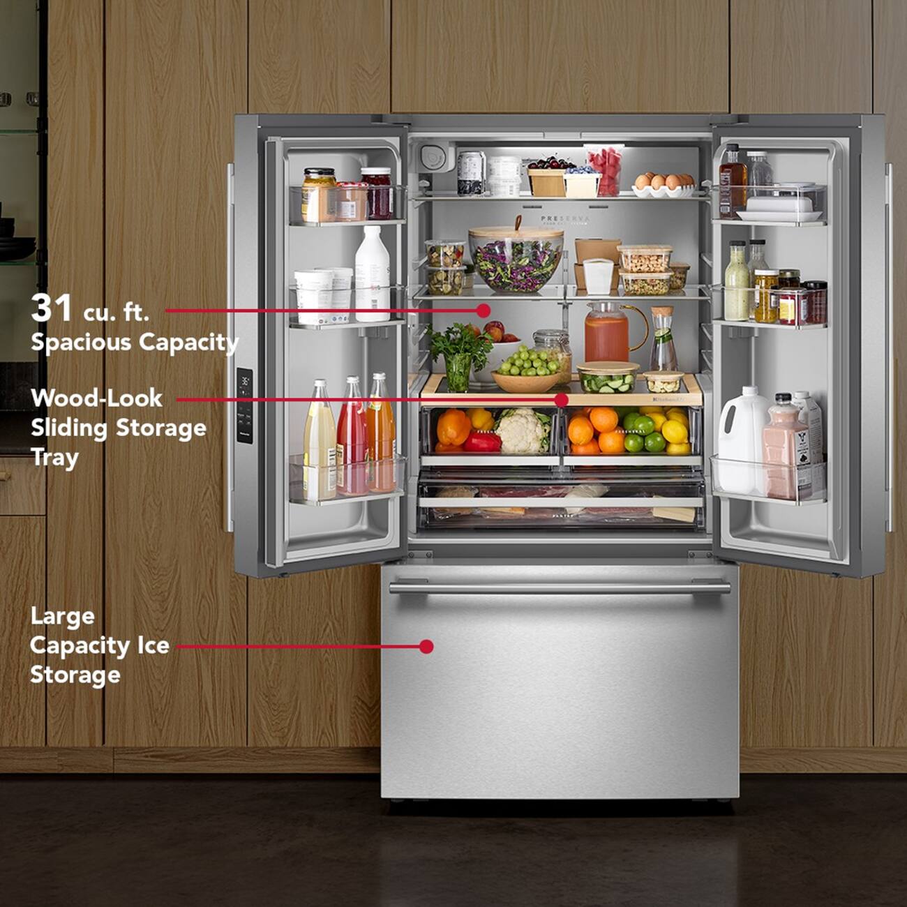 31 cu. ft. Spacious Capacity

Wood-Look Sliding Storage Tray

Large Capacity Ice Storage