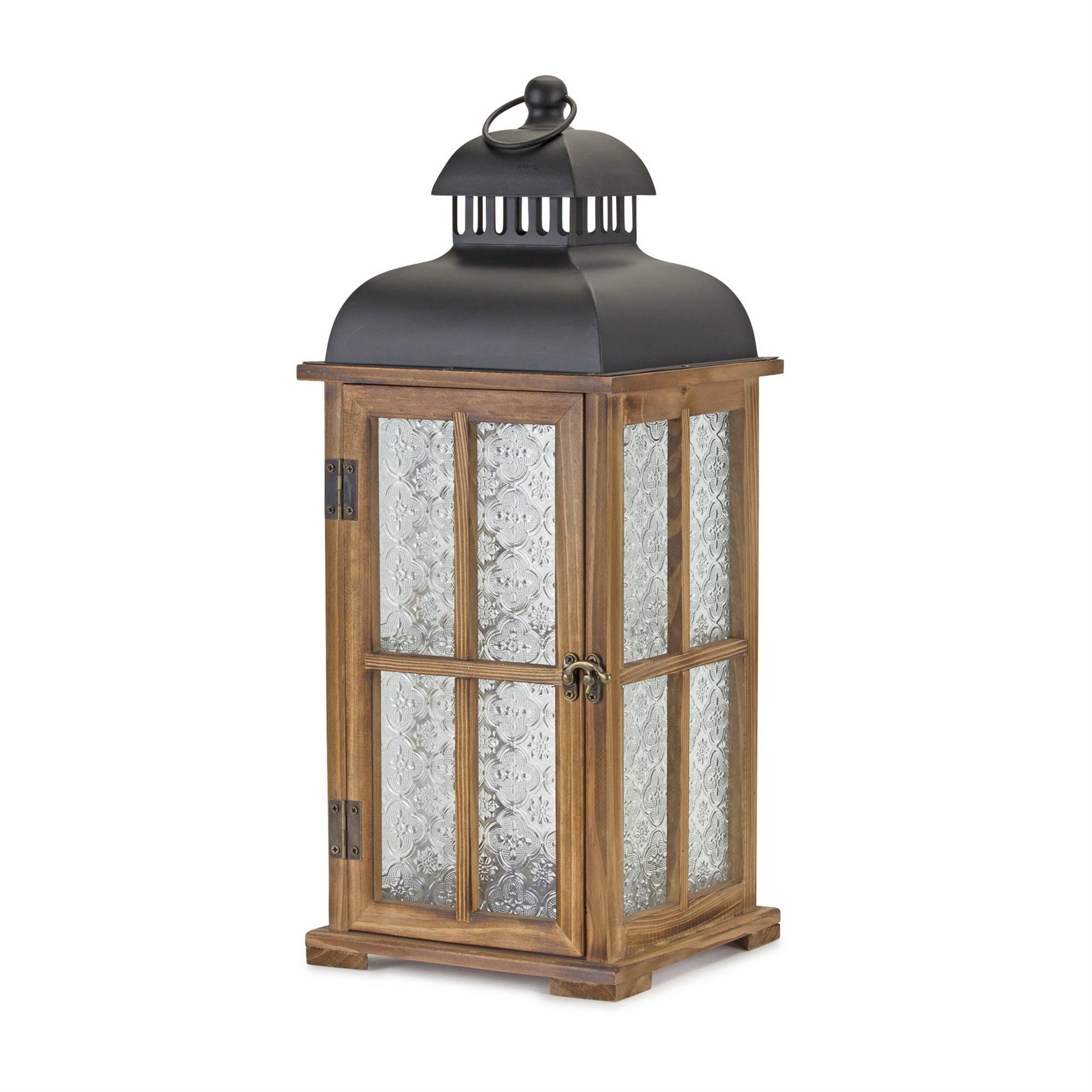 Angle. BreeBe - Natural Wood Lantern with Ornate Frosted Glass (Set of 2) - Brown, Black.