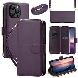 Dteck - Crossbody Wallet Case for Apple iPhone 16 Pro Max, Shockproof Zipper Pocket PU Leather Folio Cover with 9 Card Slots - Darkpurple