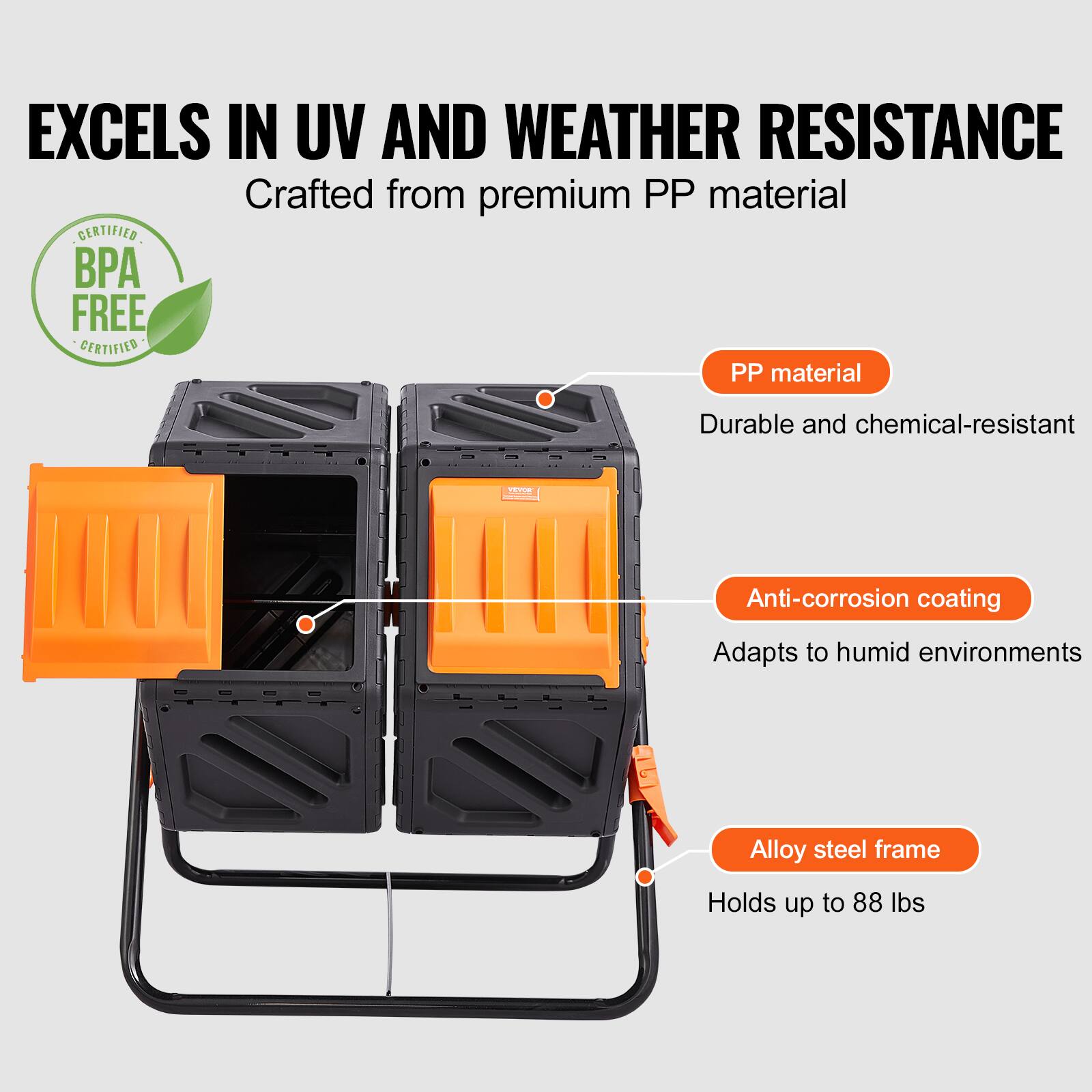EXCELS IN UV AND WEATHER RESISTANCE
Crafted from premium PP material
PP material
Durable and chemical-resistant
Anti-corrosion coating
Adapts to humid environments
Alloy steel frame
Holds up to 88 lbs