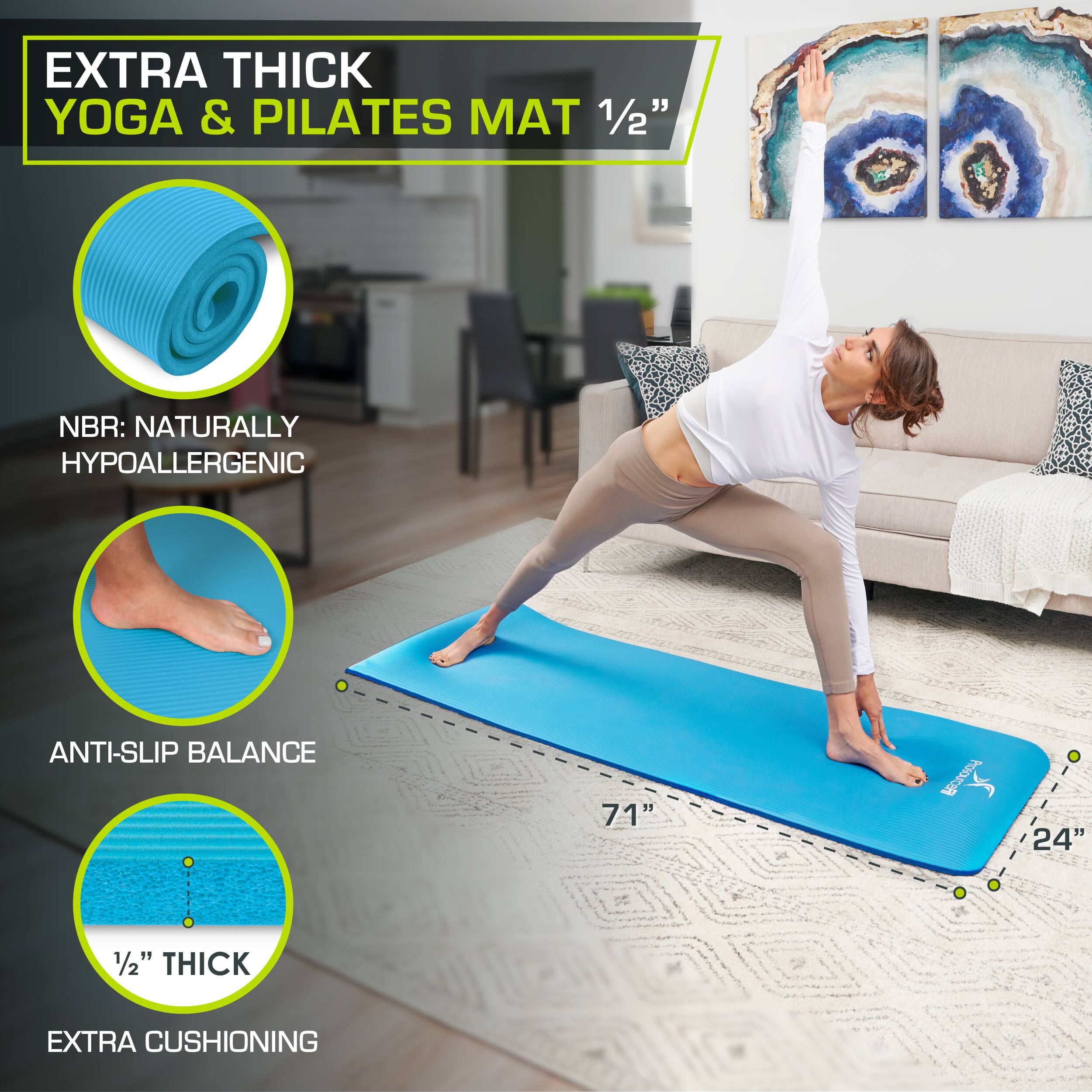 EXTRA THICK YOGA & PILATES MAT 1/2" NBR: NATURALLY HYPOALLERGENIC ANTI-SLIP BALANCE 71" 24" 1/2" THICK EXTRA CUSHIONING