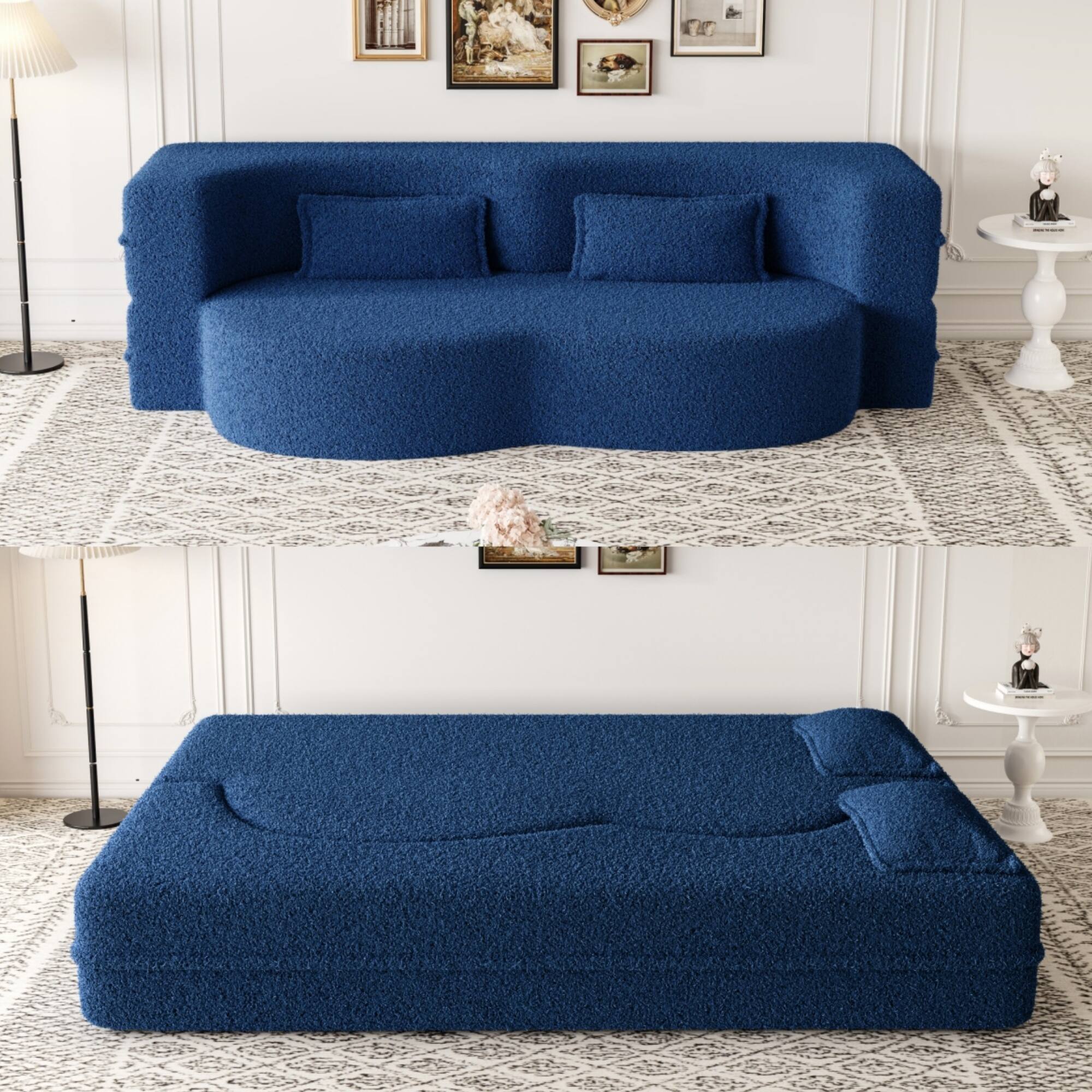 Left. Anysun - Modern Floor Sofa with 2 Pillows - Convertible Teddy Fabric Sleeper Bed, 15" Full Size Mattress, No Assembly Required - Blue.