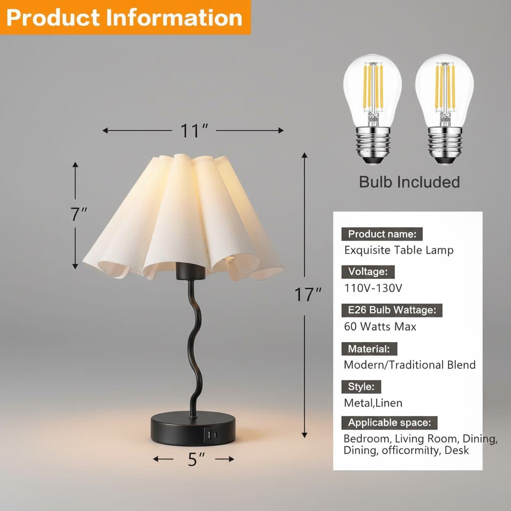 Product Information

- Bulb Included
- 11" 
- 7"
- 17"
- 5"

Product name: Exquisite Table Lamp

Voltage: 110V-130V

E26 Bulb Wattage: 60 Watts Max

Material: Modern/Traditional Blend

Style: Metal, Linen

Applicable space: Bedroom, Living Room, Dining, Dining, office, Desk