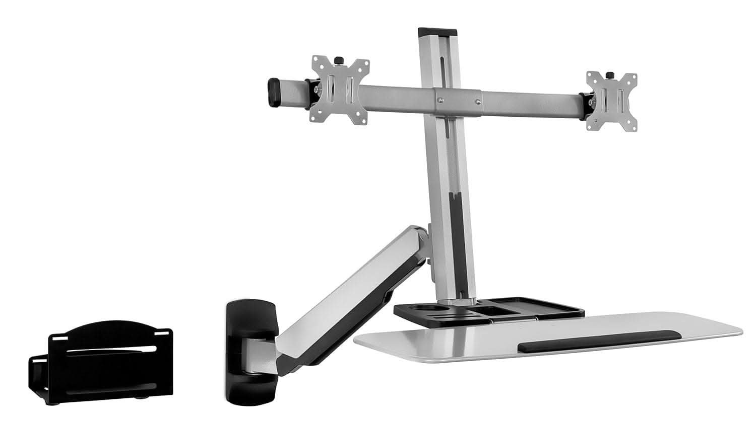 Alt View 1. Mount-It! - Wall‑Mounted Dual Monitor Sit‑Stand Workstation with Adjustable Height, Keyboard Tray & CPU Storage, Silver - Silver.