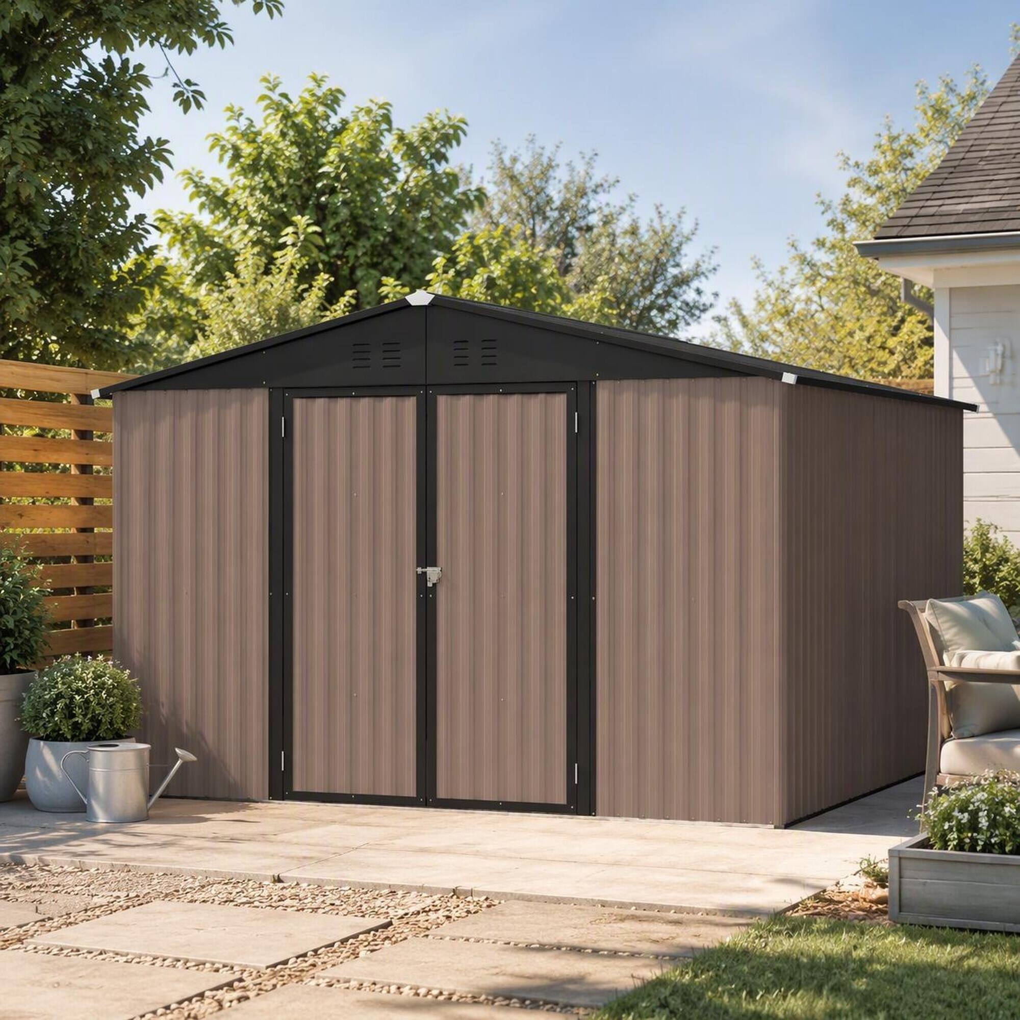 Left. RYHNUYNE - 10x10 ft Brown Metal Shed Lockable Doors Reinforced Frame Backyard Garden Tools - Brown.
