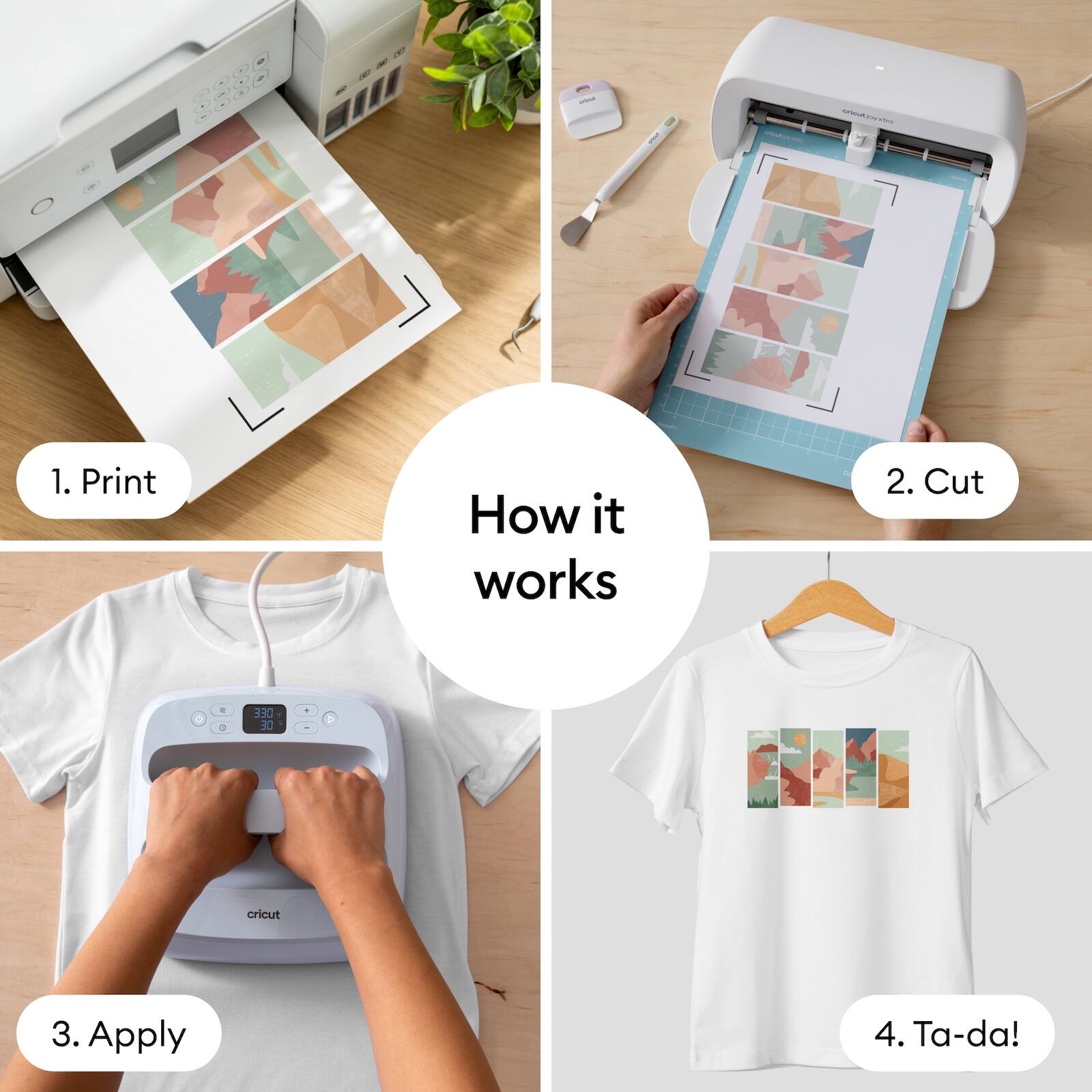 1. Print  
2. Cut  
3. Apply  
4. Ta-da!  

How it works