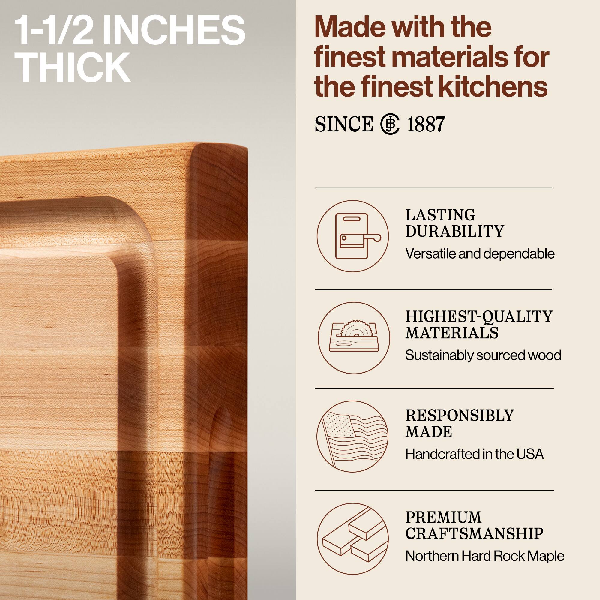 1-1/2 INCHES THICK

Made with the finest materials for the finest kitchens SINCE 1887

LASTING DURABILITY
Versatile and dependable

HIGHEST-QUALITY MATERIALS
Sustainably sourced wood

RESPONSIBLY MADE
Handcrafted in the USA

PREMIUM CRAFTSMANSHIP
Northern Hard Rock Maple