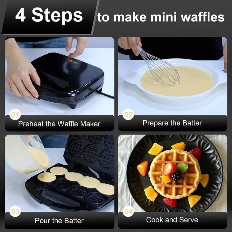 4 Steps to make mini waffles

01 Preheat the Waffle Maker

02 Prepare the Batter

03 Pour the Batter

04 Cook and Serve