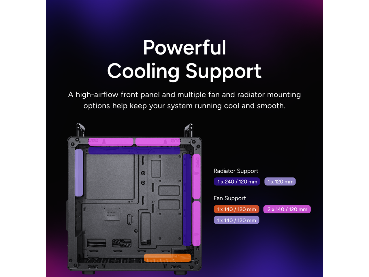Powerful Cooling Support  
A high-airflow front panel and multiple fan and radiator mounting options help keep your system running cool and smooth.  

Radiator Support  
1 x 240 / 120 mm  
1 x 120 mm  

Fan Support  
1 x 140 / 120 mm  
2 x 140 / 120 mm  
1 x 140 / 120 / 120 mm