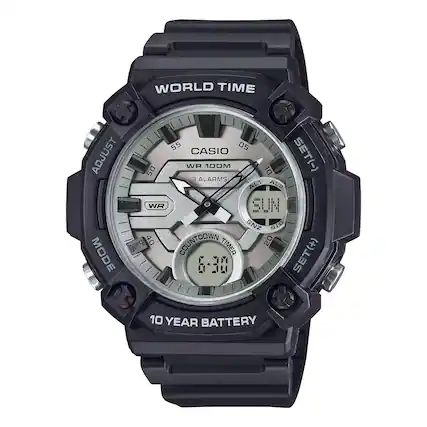WORLD TIME ADJUST MODE 55 CASIO 05 50 WR 100M 10 SET(-) E ALARMS AL SJA WR SUN SNZ S1G 40 COUNTDOWN 20 TIMER SET(+) 6-30 10 YEAR BATTERY