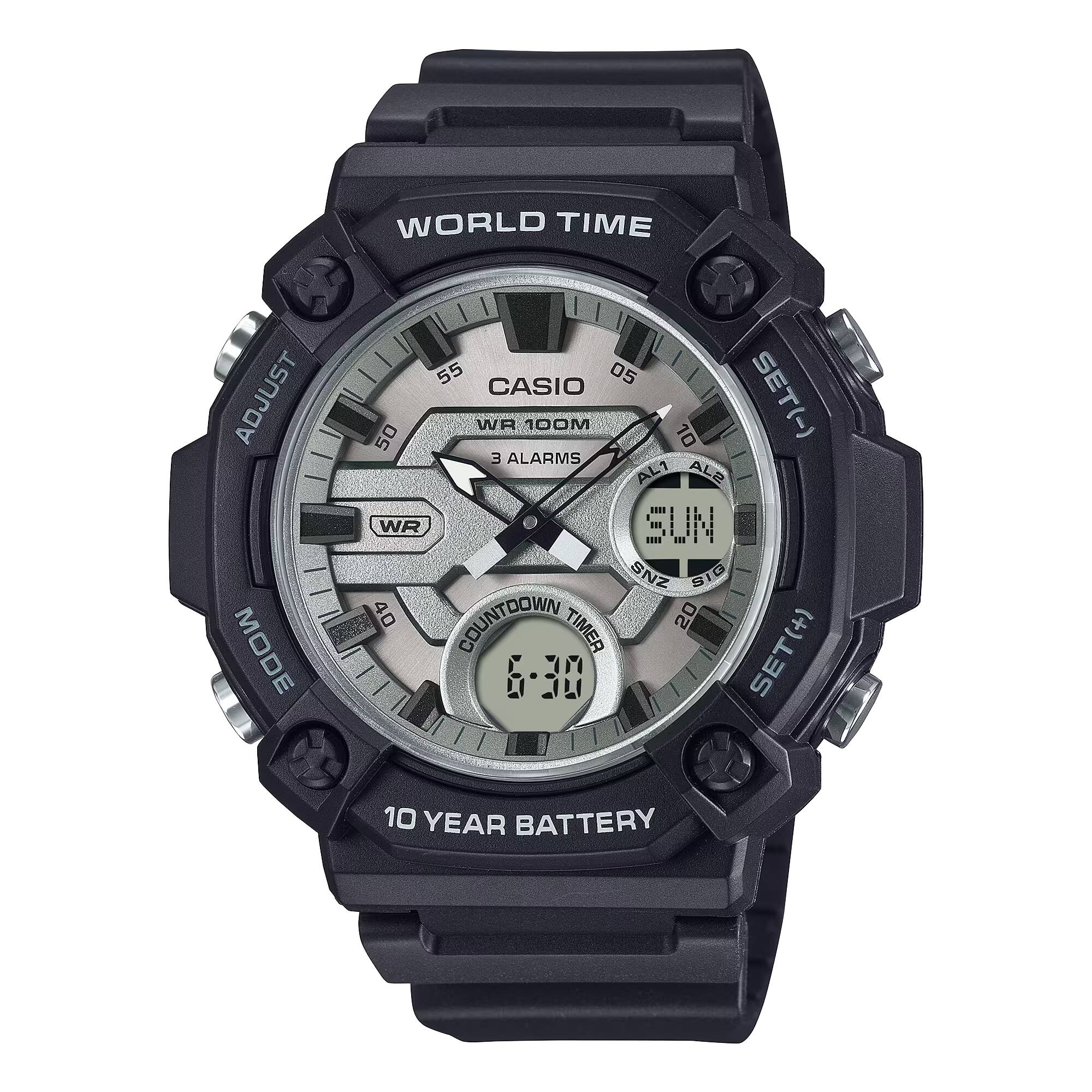 WORLD TIME ADJUST MODE 55 CASIO 05 50 WR 100M 10 SET(-) E ALARMS AL SJA WR SUN SNZ S1G 40 COUNTDOWN 20 TIMER SET(+) 6-30 10 YEAR BATTERY