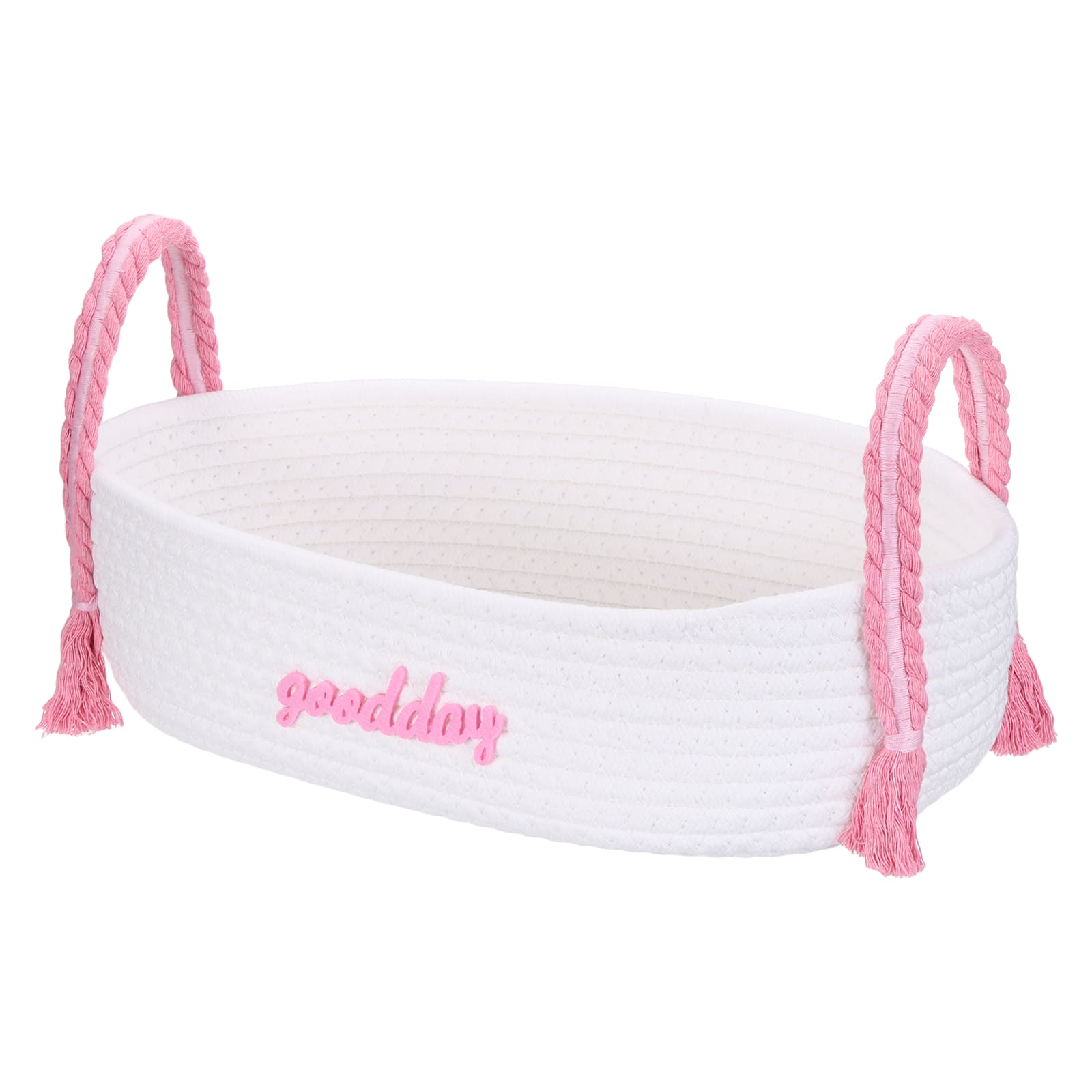 Unique Bargains - Rectangular Rope Basket, 14.6x7.9x7.1inch Small Woven Basket with Handles for Shelf Storage Home Decor Gift Chest - White/Pink