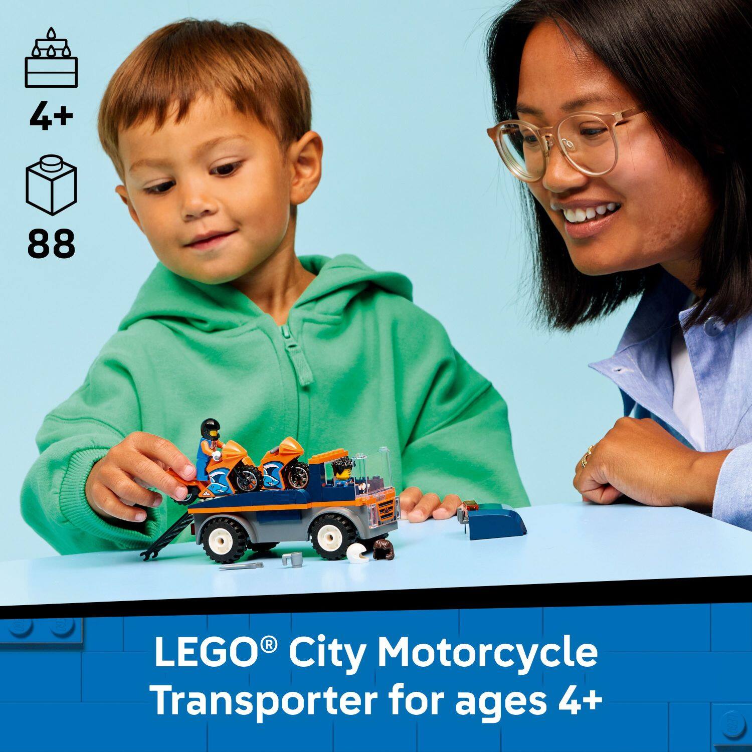 4+ 88 mm LEGO City Motorcycle Transporter for ages 4+