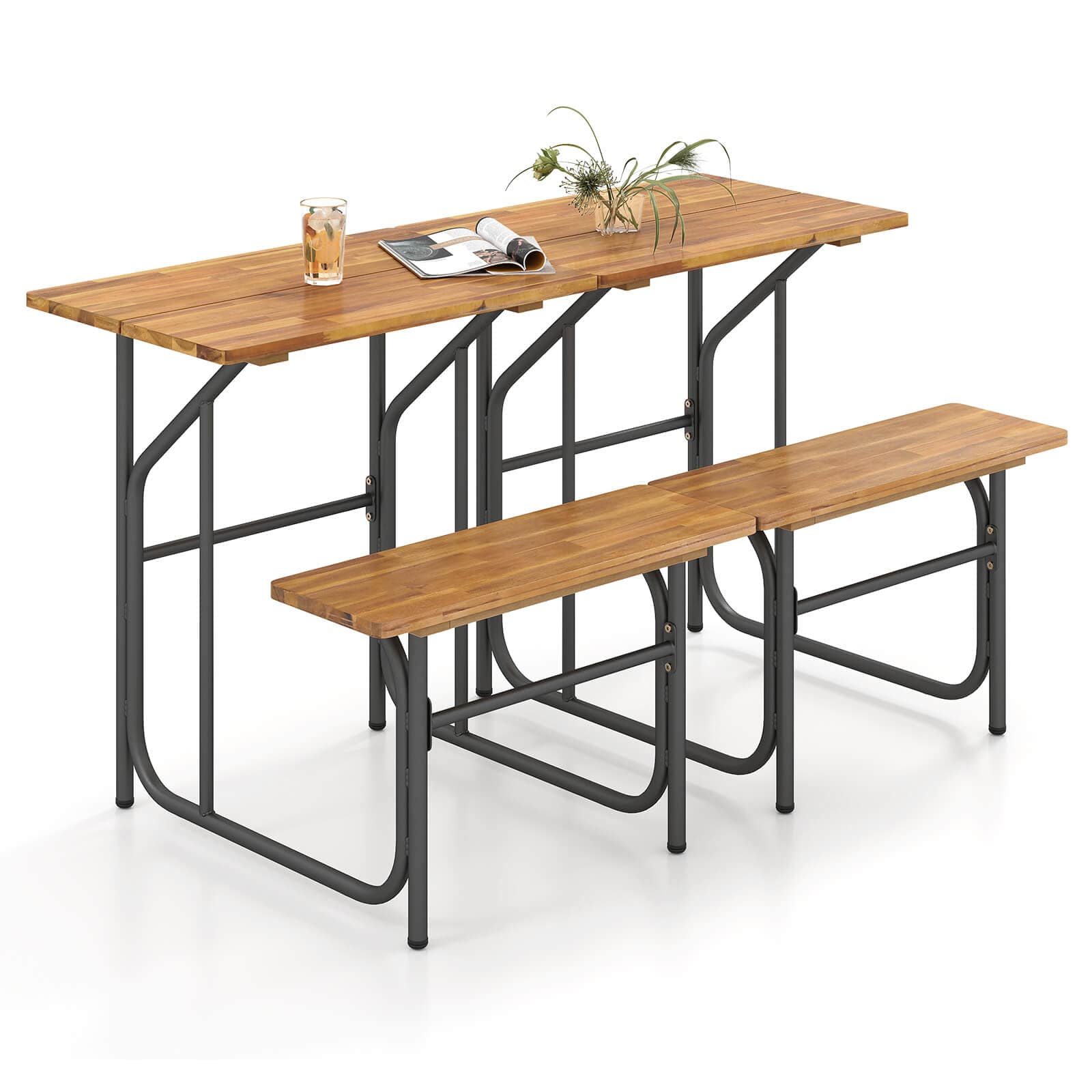 Costway - 2 PCS Patio Table Bench Set Picnic Table & Seat with Acacia Wood Top Metal Legs - Natural,Black price history on PriceWatchPro