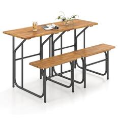 Front. Costway - Costway 2 PCS Patio Table Bench Set Picnic Table & Seat with Acacia Wood Top Metal Legs - Natural,Black.