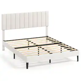 Costway - Queen Size Velvet Bed Frame with Height Adjustable Vertical Channel Headboard - Beige