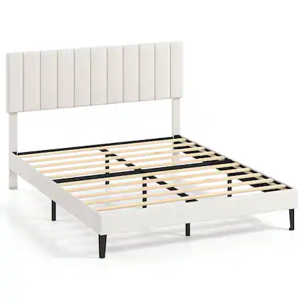 Front. Costway - Costway Queen Size Velvet Bed Frame with Height Adjustable Vertical Channel Headboard - Beige.