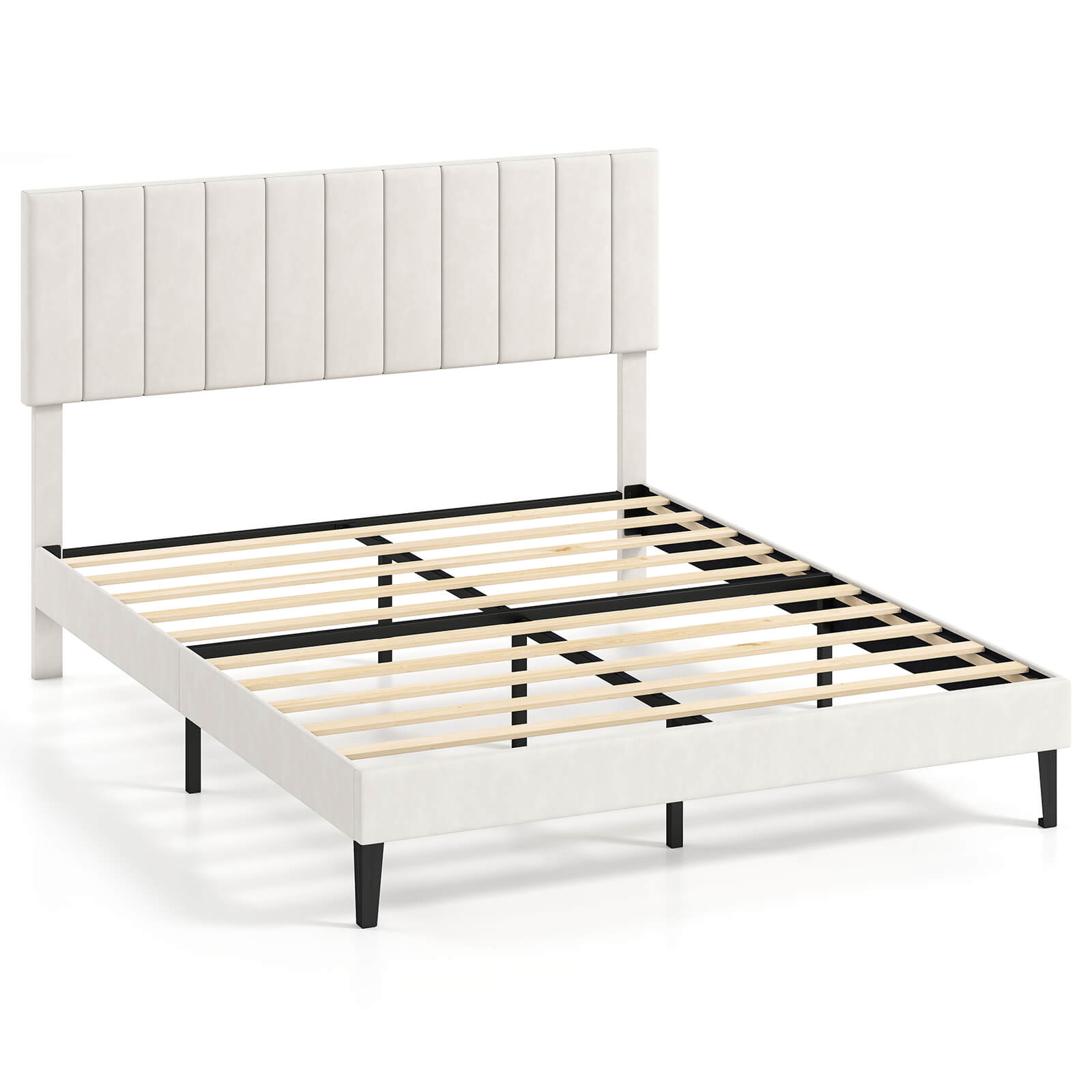 Front. Costway - Costway Queen Size Velvet Bed Frame with Height Adjustable Vertical Channel Headboard - Beige.