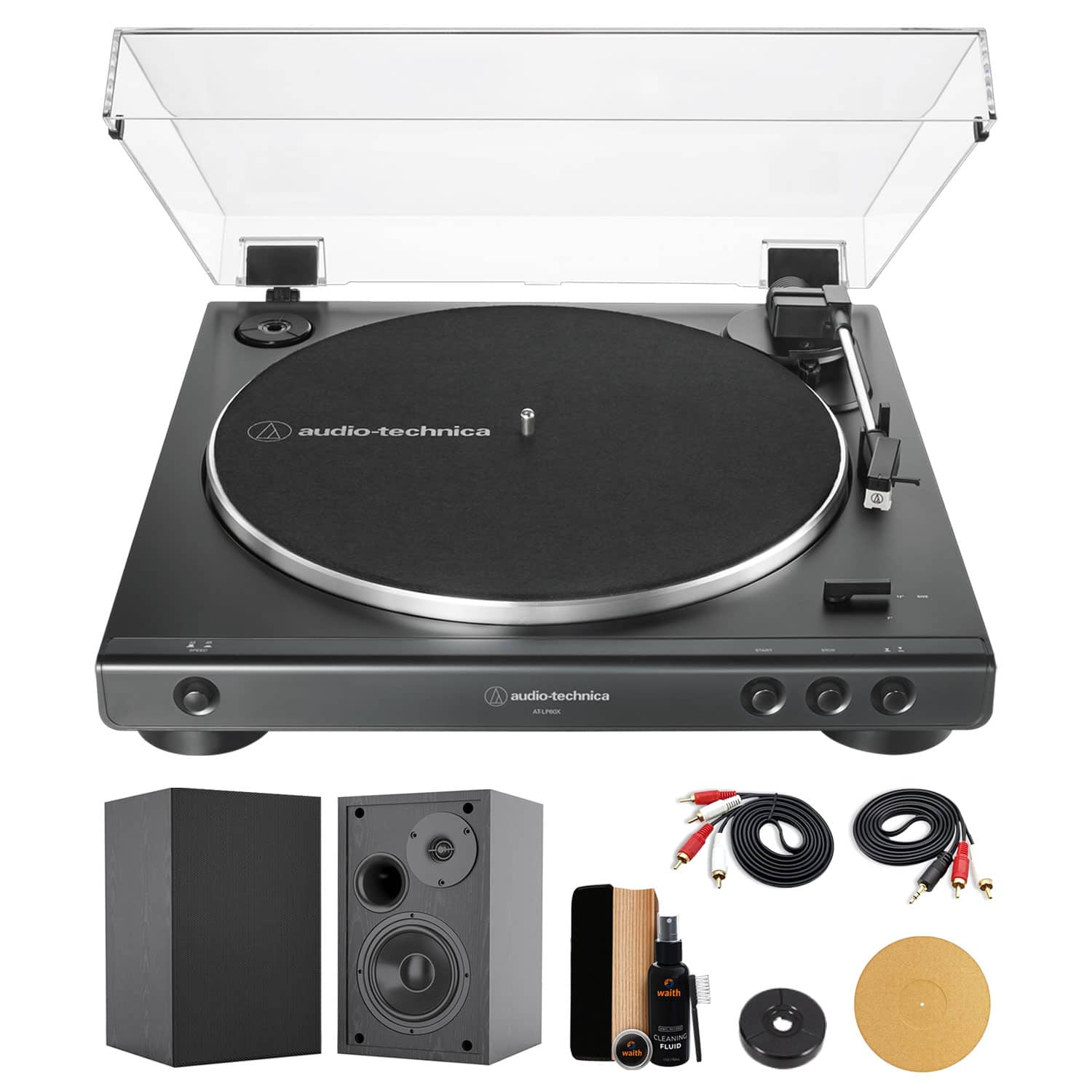 Audio-Technica - AT-LP60X-BK Turntable+4" Speakers+Cleaning Kit+Cork Mat Kit - Black