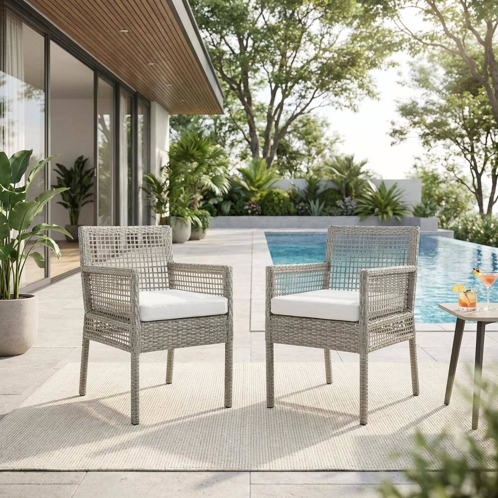 Left. Outdoor Escape - Outdoor Patio Wicker Rattan Dining Armchair Set Of 2, Cushioned Seat, Armrests - Gray.