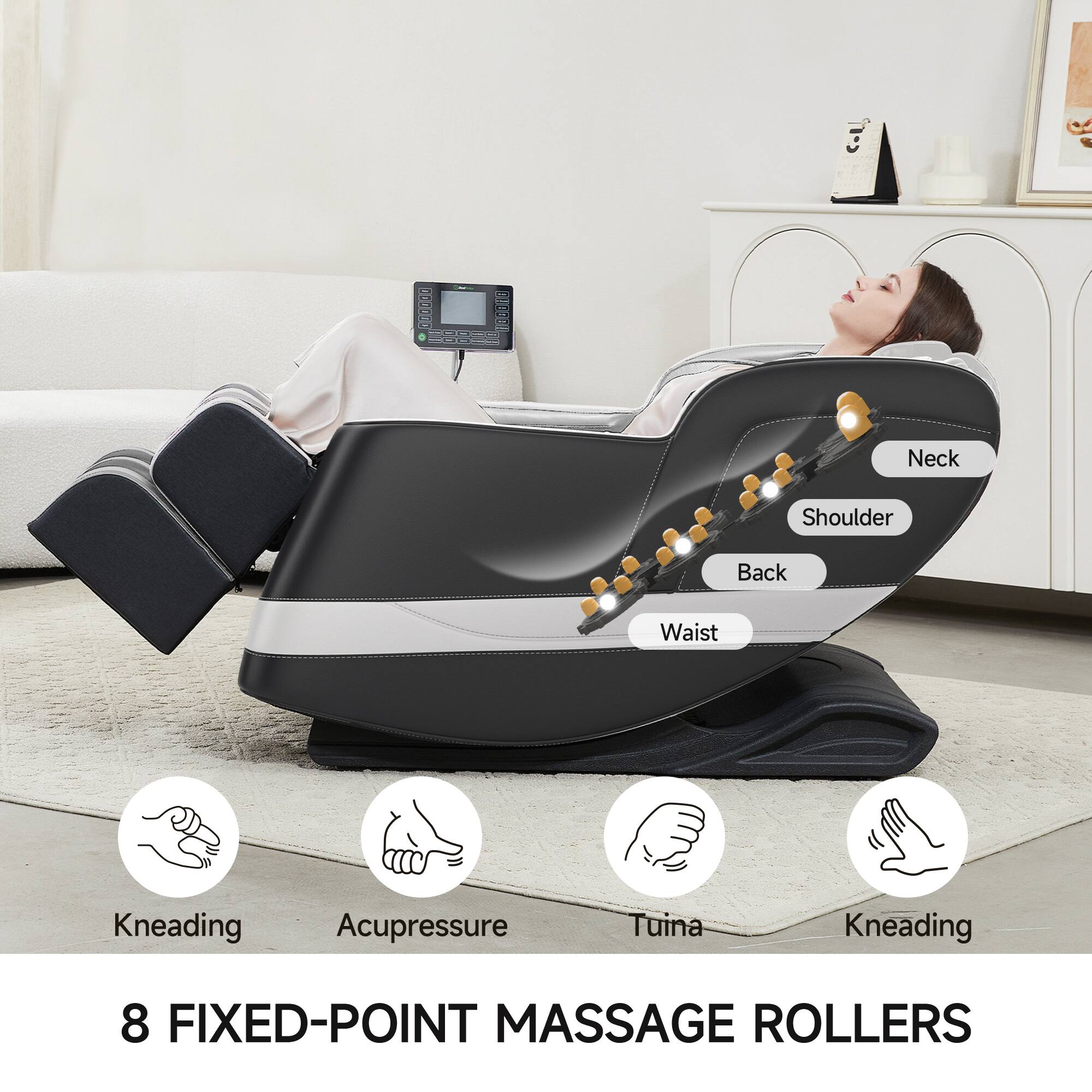 U: Neck Shoulder Back Waist  
Kneading Acupressure Tuina Kneading  
8 FIXED-POINT MASSAGE ROLLERS