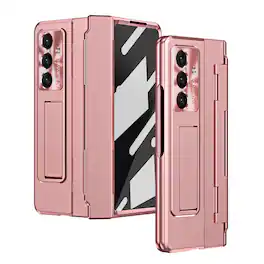 Dteck - Rugged Case for Samsung Galaxy Z Fold7 with Hinge Protection,Bulit in Screen Protector,Shockproof Hard PC Stand Cover - Rosegold