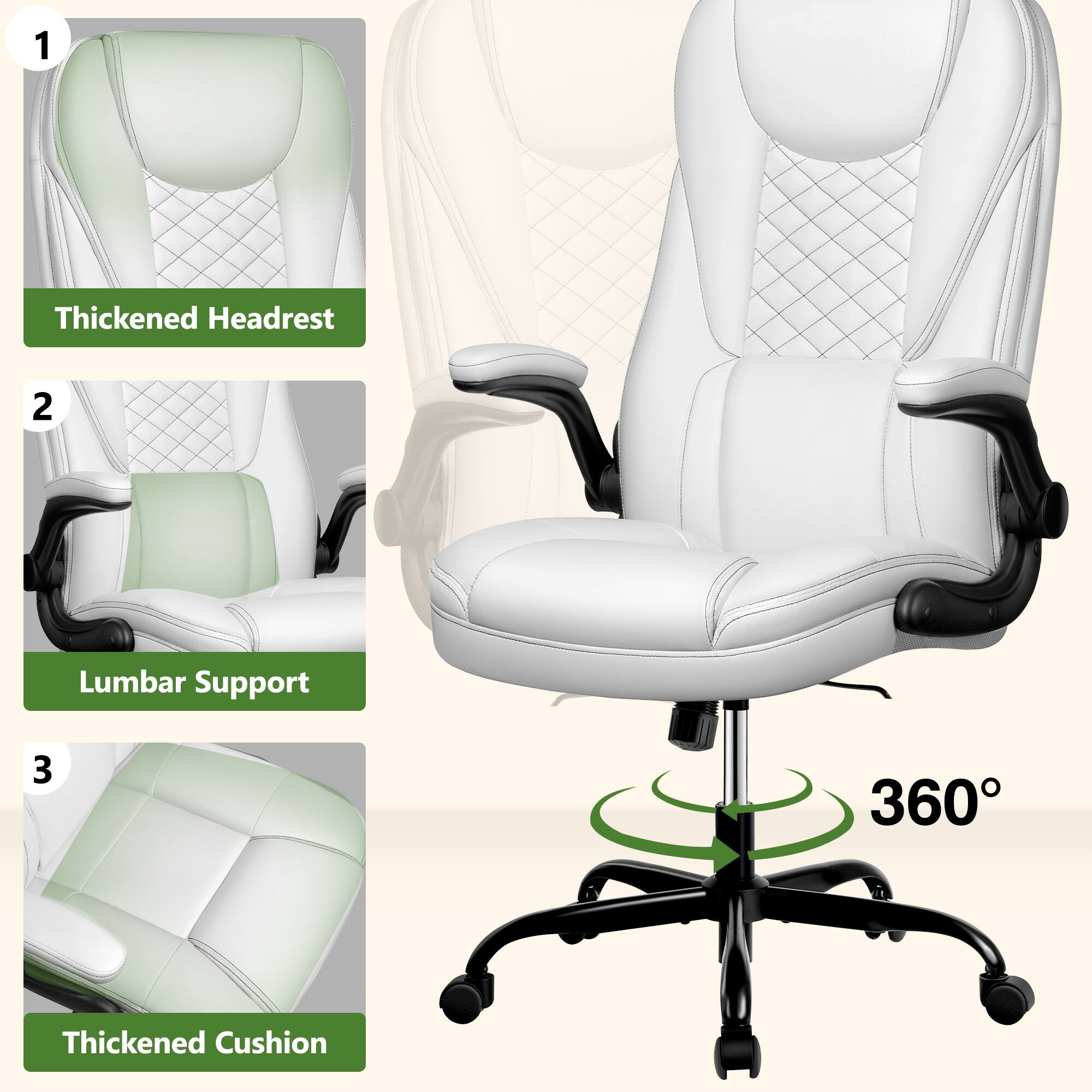 1. Thickened Headrest  
2. Lumbar Support  
3. 360° Thickened Cushion