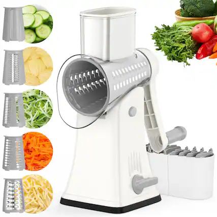 Front. Fitnate - 5 in 1 Multi-functional Cheese Grater, Stainless Steel Blade Set for Slicing, Shredding, Grinding - White.