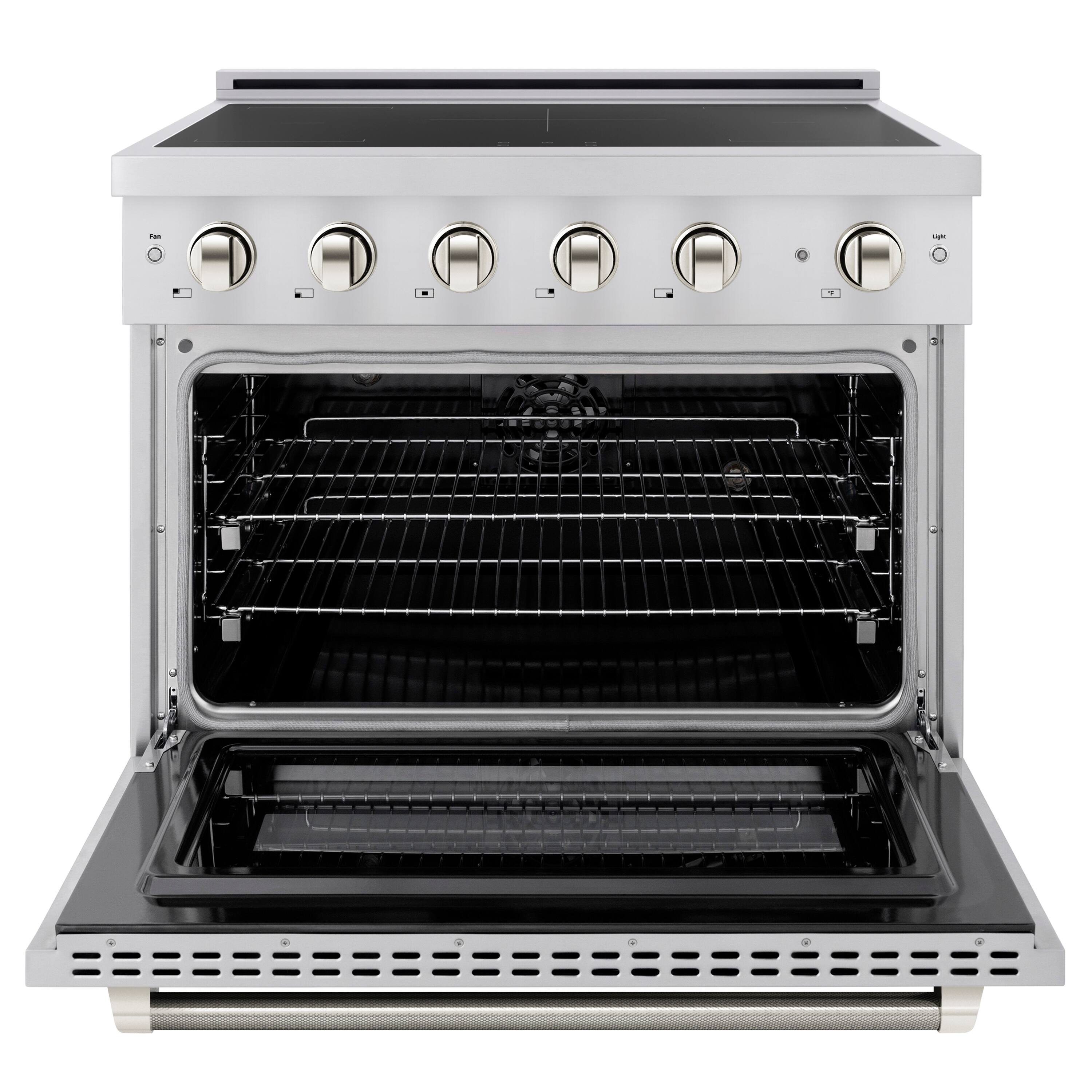 Angle. ZLINE - Autograph 36 in. 5.2 cu. ft. Paramount Freestanding Induction Range with 5 Burners and Polished Nickel Helix Handle - Stainless Steel.