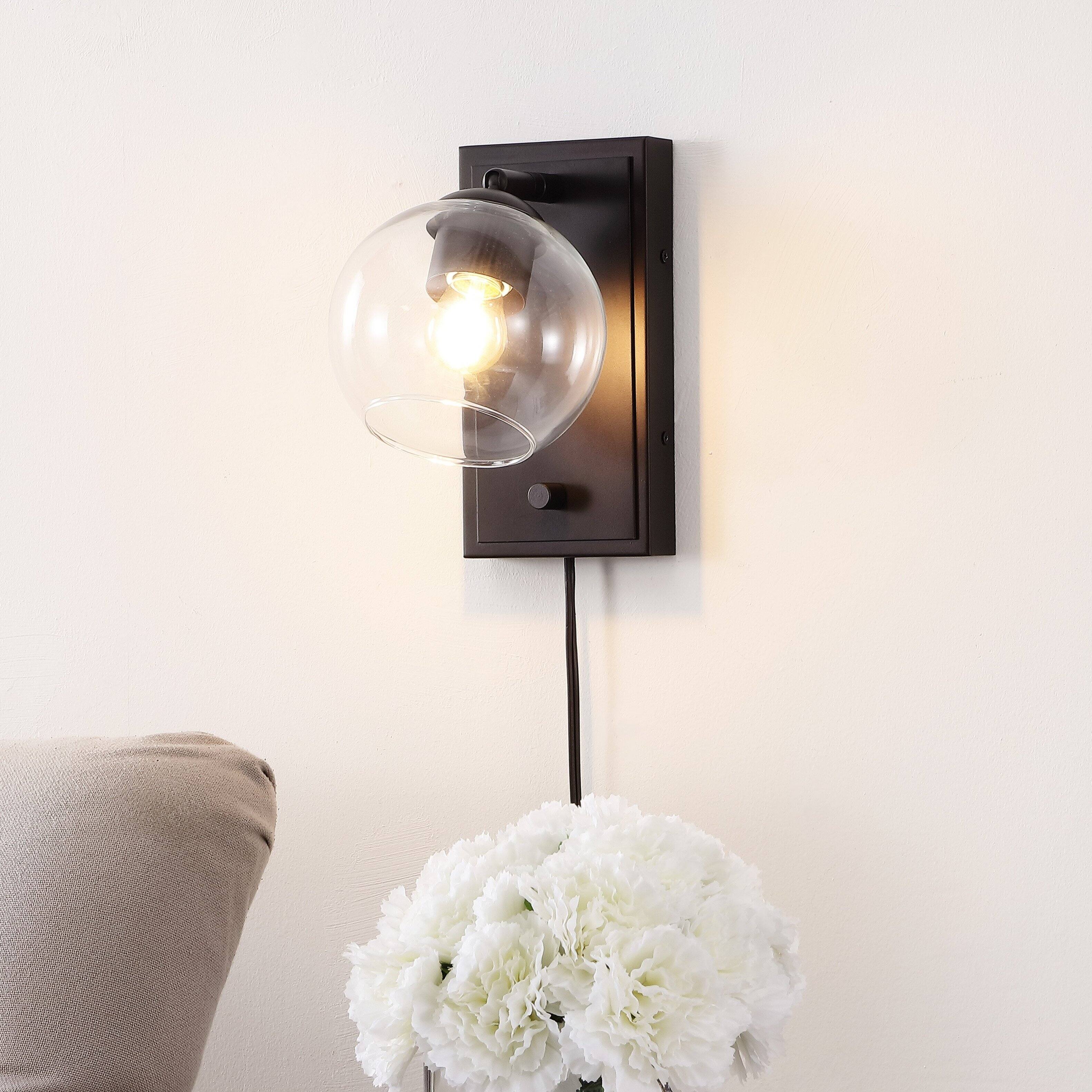 Alt View 1. Jonathan Y - Hugo 6" Plug-In or Hardwired Adjustable Iron LED Wall Sconce with Rotary Dimmer, Oil Rubbed Bronze with Clear Globe - Oil Rubbed Bronze.