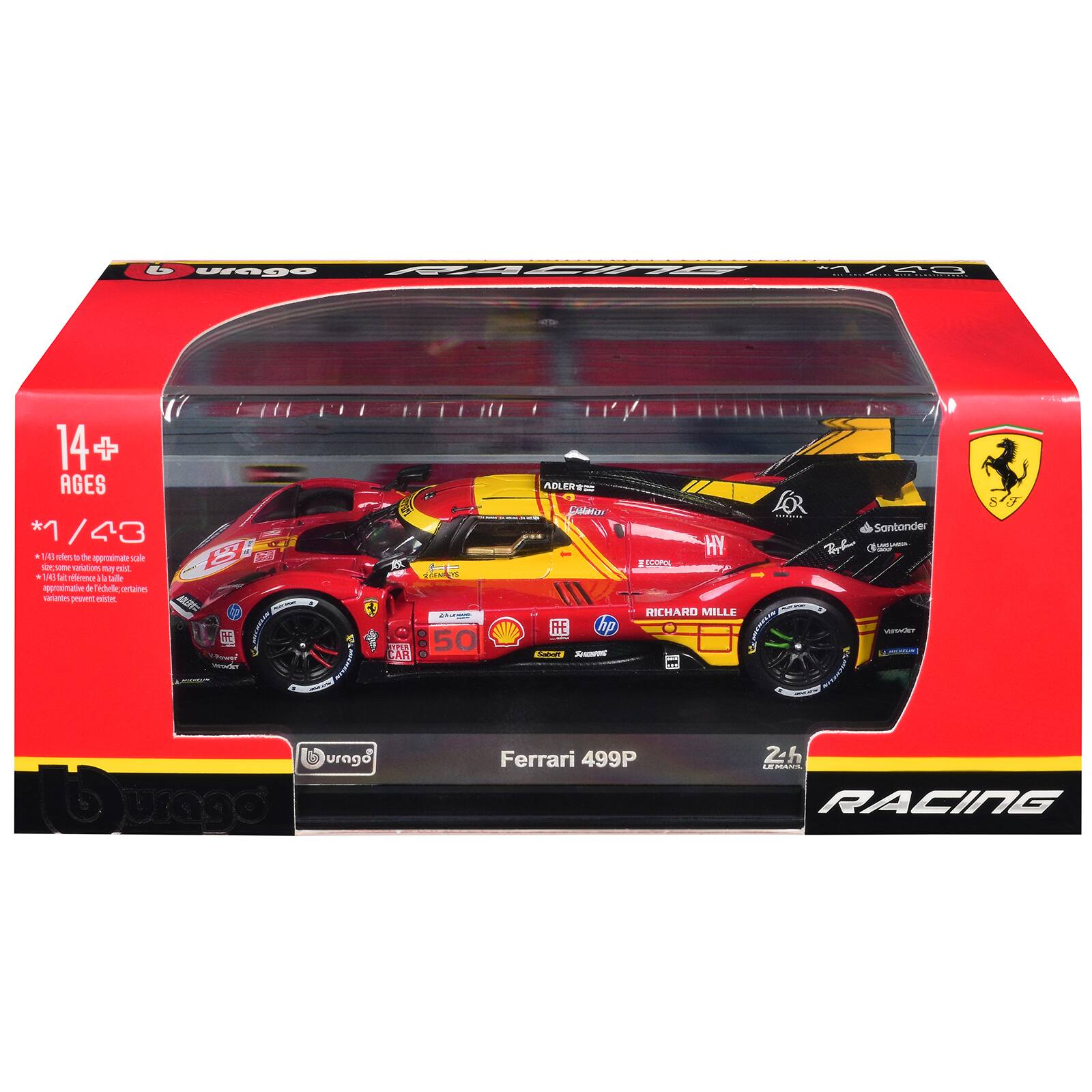 burago RACING ED/L BIL-CETS-REIRE  
14+ AGES *1/43  
(4) eles of the approximate sale size some arlations may exist. 140 at a talle approximative delle certaines varlantes provent exister.  
STARMES MPSE 50 CAR  
ADLER COLMOS hp Sabell Trans  
HY, RICHARD MILLE  
Santander RayBer SUGARIA VERVKST  
8  
urago  
urago  
Ferrari 499P  
24h LEMANZ RACING
