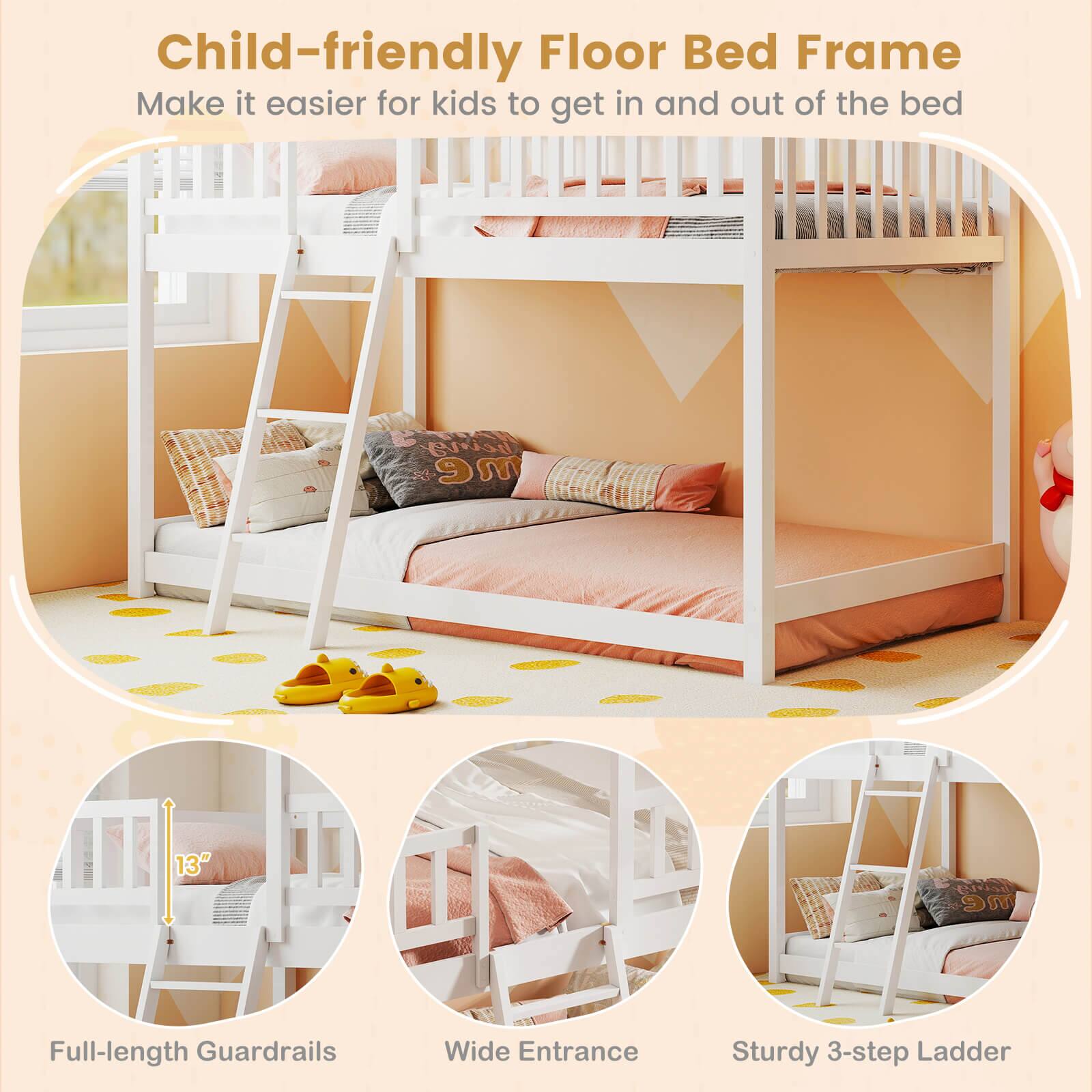 Child-friendly Floor Bed Frame  
Make it easier for kids to get in and out of the bed  

- Full-length Guardrails  
- Wide Entrance  
- Sturdy 3-step Ladder  
- 13" Height