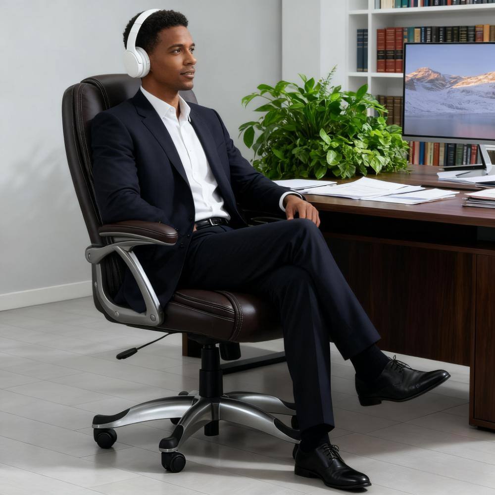 Front. TinyHomie - Brown Premium Leather Ergonomic High Back Executive Office Chair Swivel Wheels - Brown.