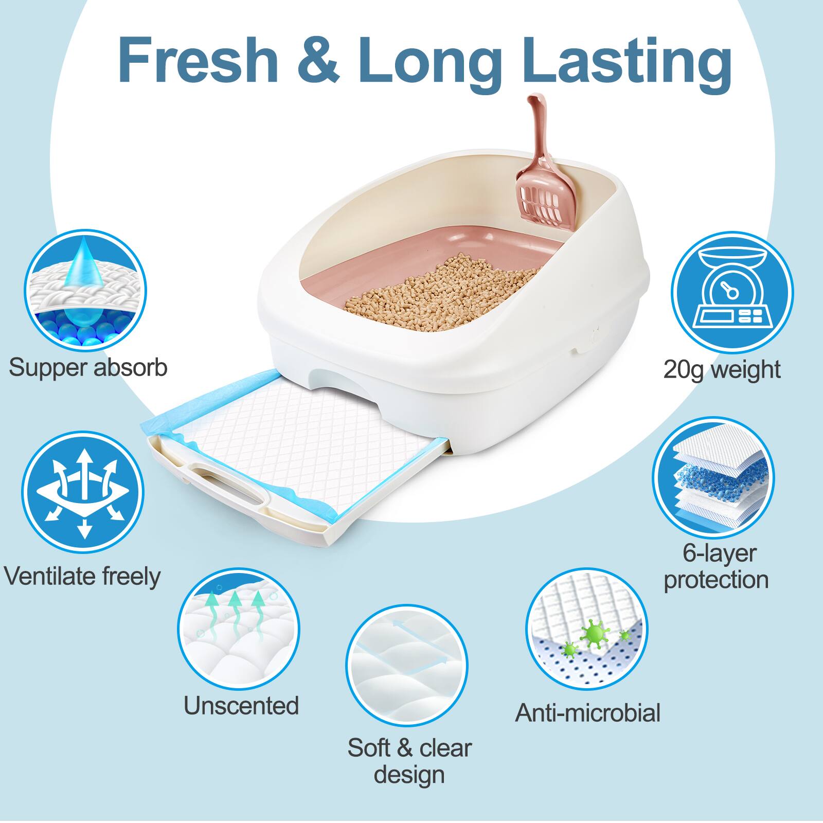 Fresh & Long Lasting, Supper absorb, 20g weight, Ventilate freely, 6-layer protection, Unscented, Anti-microbial, Soft & clear design