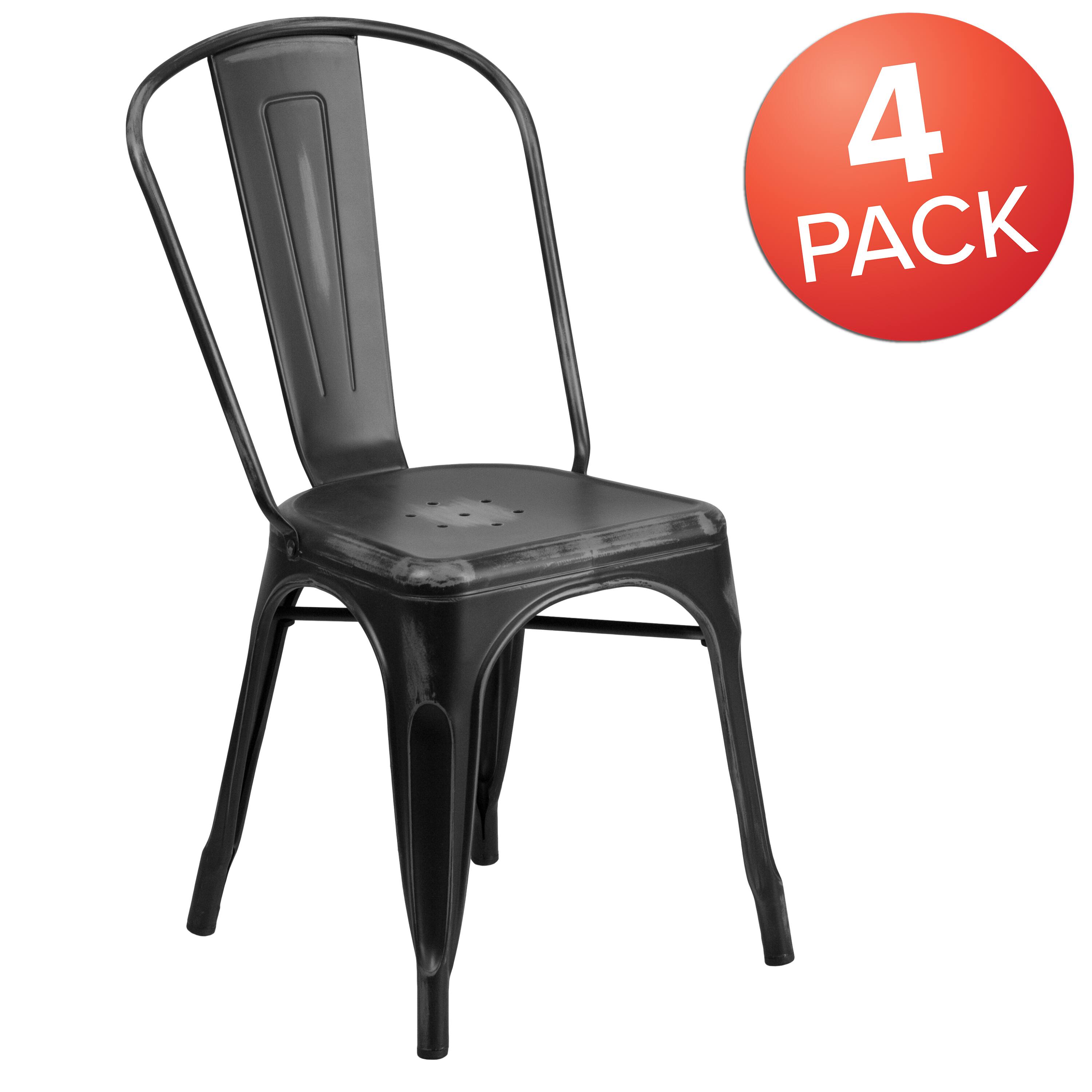 Alt View 1. Emma + Oliver - Commercial Grade 4 Pack Distressed Metal Indoor-Outdoor Stackable Chair - Black.