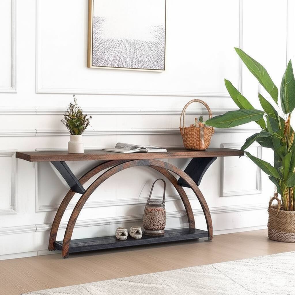 Alt View 4. TinyHomie - 70.87in Console Table with Storage Shelf Narrow Long Sofa Table Behind Couch Table 2-Tier Table with Half Moon Frame - Brown and Black.
