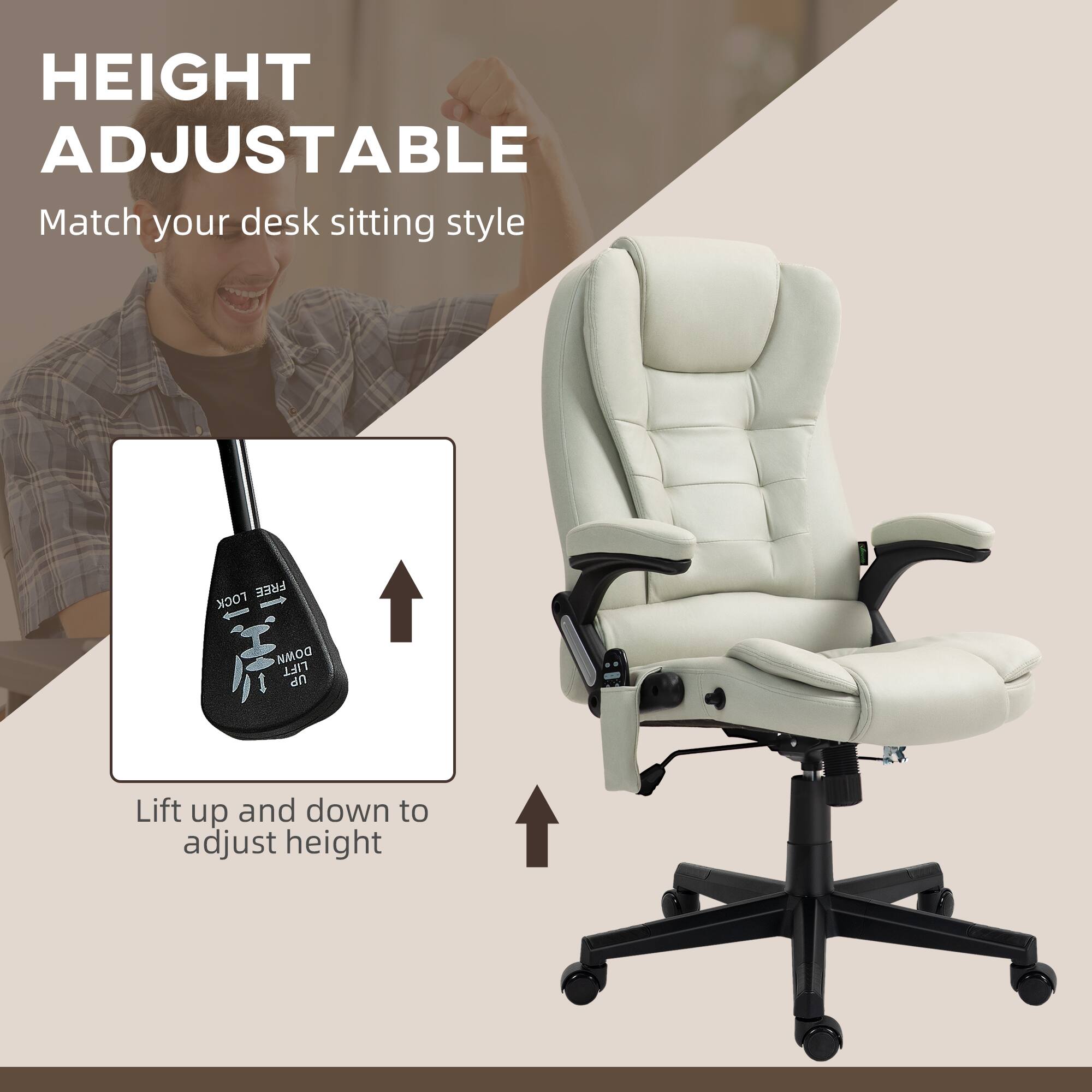 HEIGHT ADJUSTABLE, Match your desk sitting style, Lift up and down to adjust height, FREE LOCK 1 DOWN