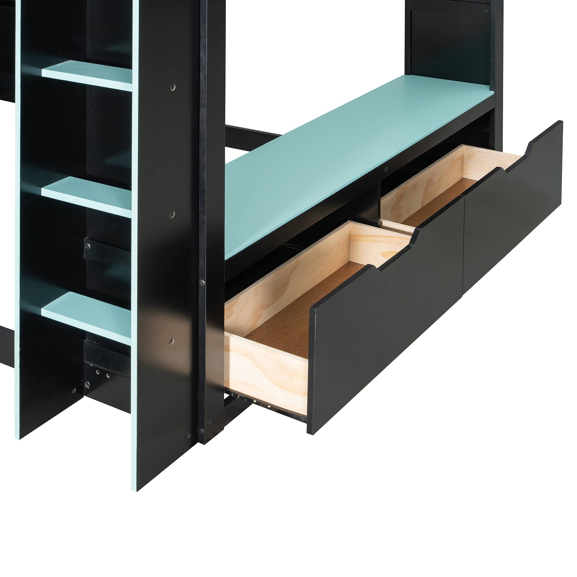 Alt View 1. Aukfa - Full Size Wood Loft Bed with Height-adjustable Desk,Drawers,Storage Compartments,Hanging Rod and RGB Lights - Blue.