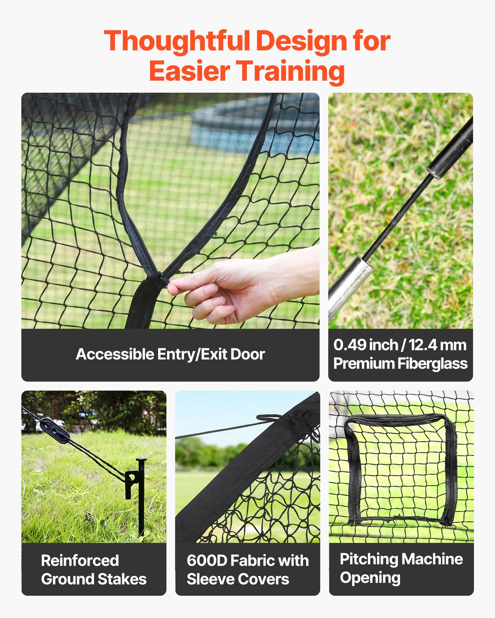 Thoughtful Design for Easier Training

Accessible Entry/Exit Door

0.49 inch / 12.4 mm Premium Fiberglass

Reinforced Ground Stakes

600D Fabric with Sleeve Covers

Pitching Machine Opening