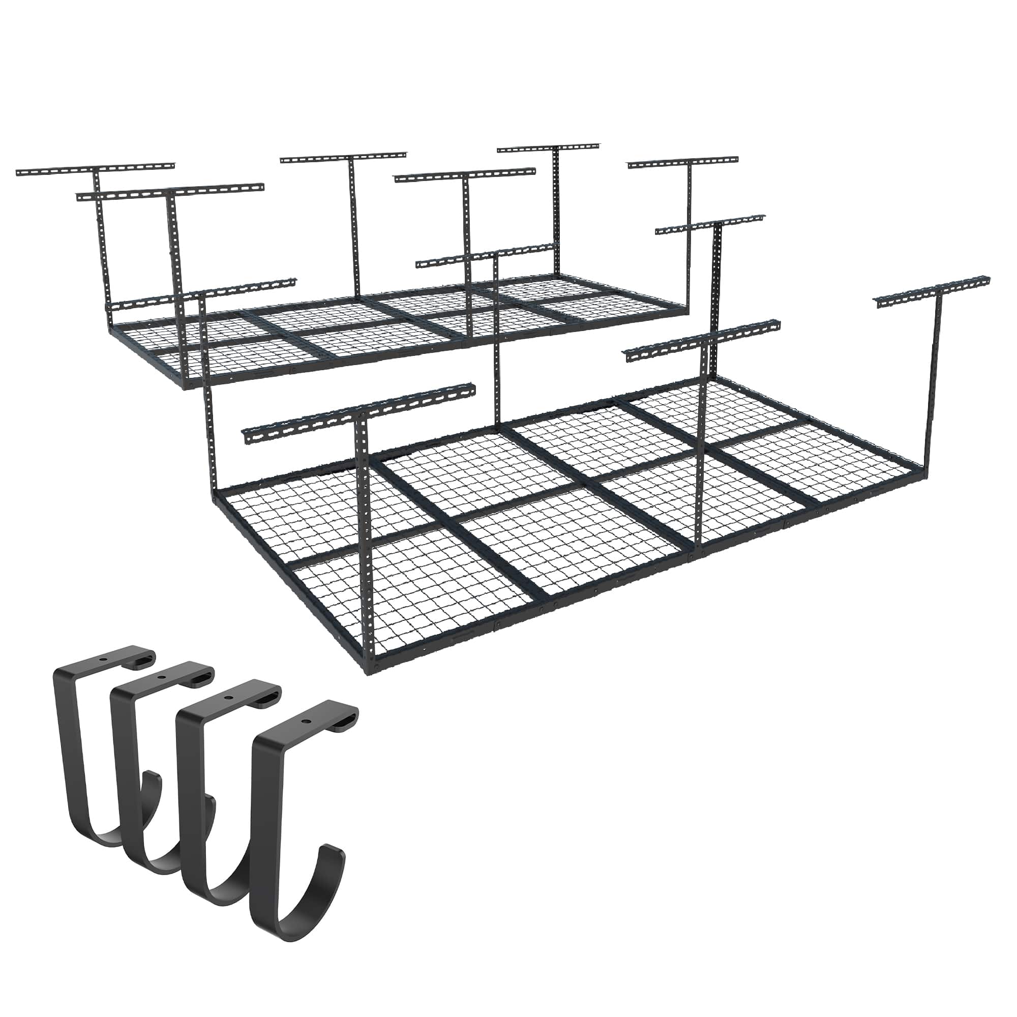 Fleximounts - OHK Series 48 in. W x 96 in. D x 22-40 in. H Black Ceiling Mounted Overhead Garage Storage Rack with Accessory Hooks - Black