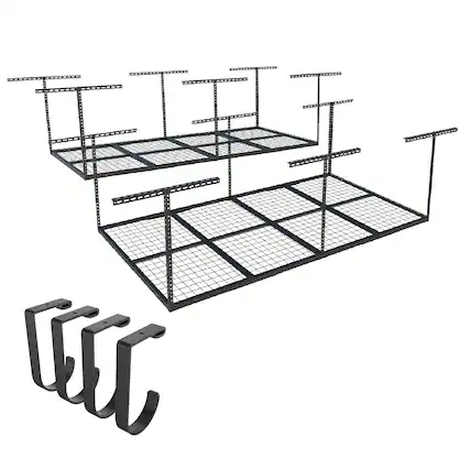 Front. Fleximounts - OHK Series 48 in. W x 96 in. D x 22-40 in. H Black Ceiling Mounted Overhead Garage Storage Rack with Accessory Hooks - Black.