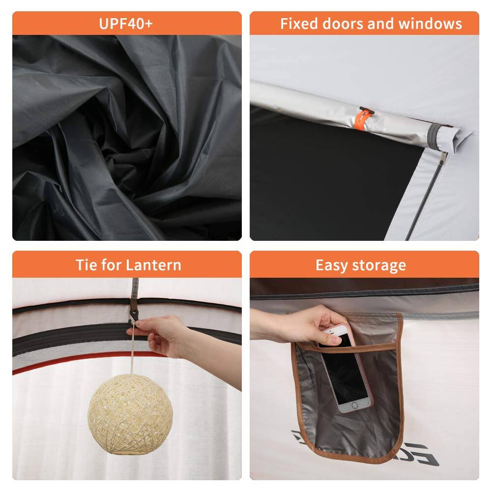 Here is the corrected and grouped text from the image:

1. **UPF40+**
2. **Fixed doors and windows**
3. **Tie for Lantern**
4. **Easy storage**