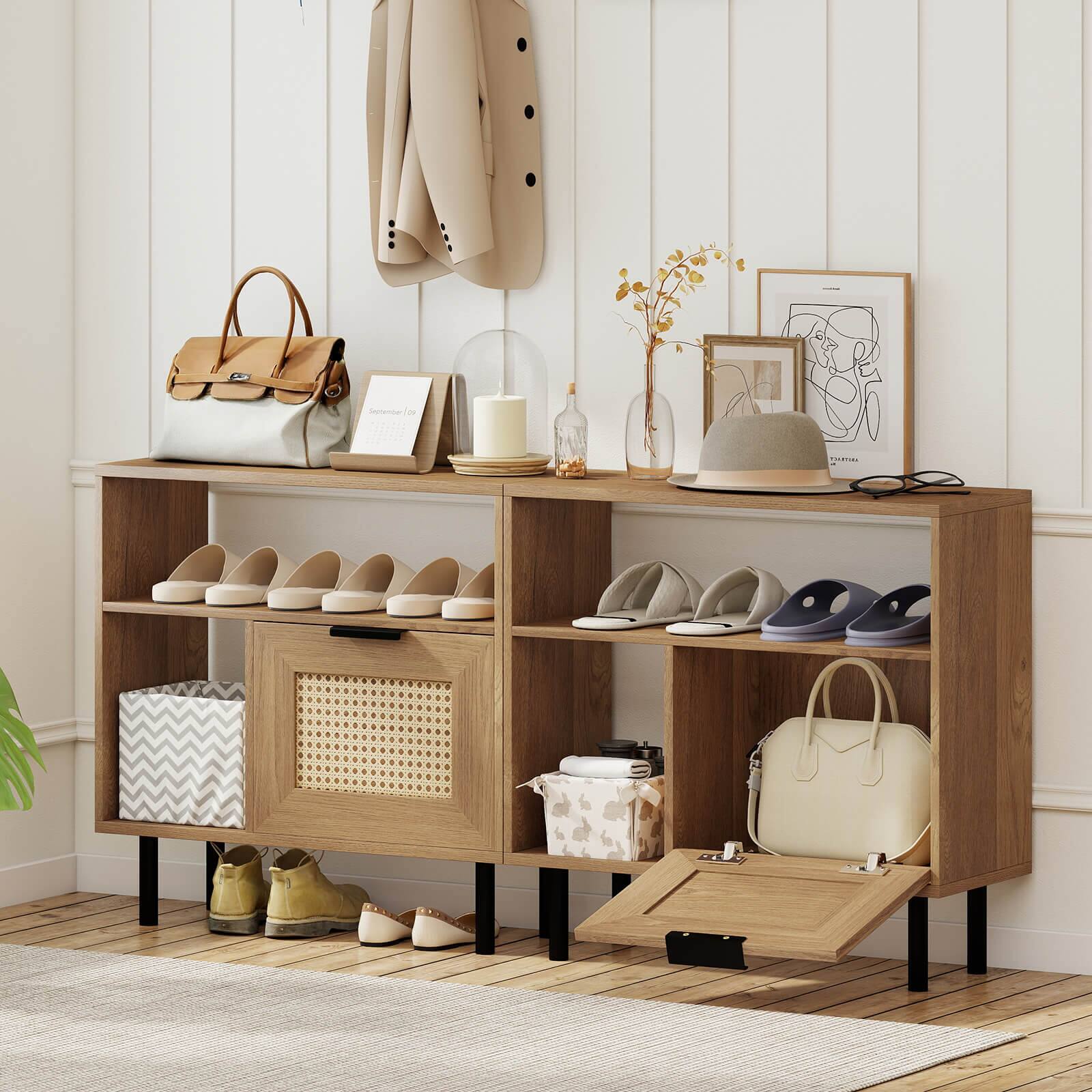 Alt View 5. Costway - Costway Boho Rattan Nightstand Wooden End Table with Storage Shelf Cabinet & Metal Legs - Natural.