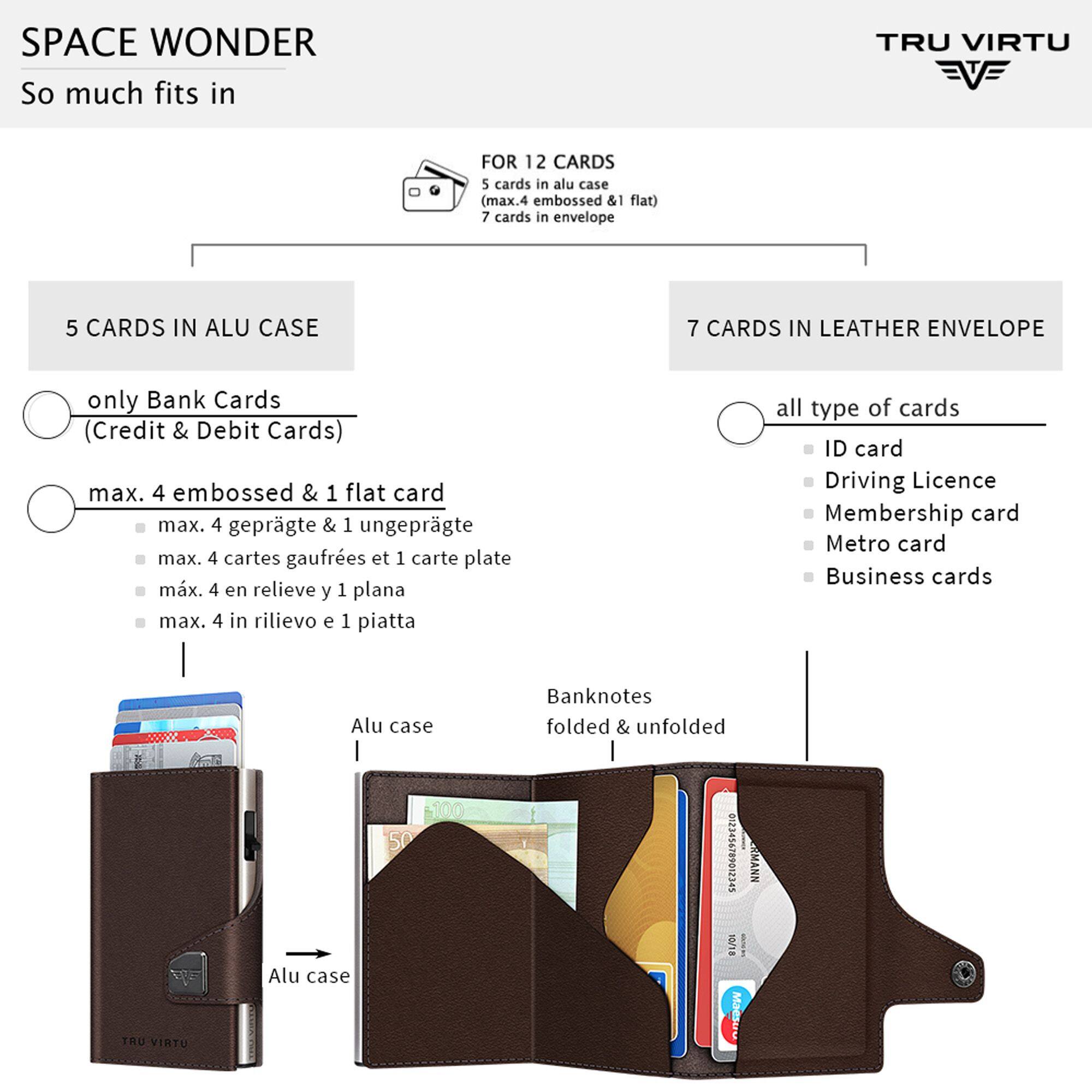 SPACE WONDER  
So much fits in  

TRU VIRTU  

FOR 12 CARDS  
5 cards in alu case (max. 4 embossed & 1 flat)  
7 cards in envelope  

5 CARDS IN ALU CASE  
only Bank Cards (Credit & Debit Cards)  
max. 4 embossed & 1 flat card  
max. 4 geprägte & 1 ungeprägte  
max. 4 cartes gaufrees et 1 carte plate  
max. 4 en relieve y 1 plana  
max. 4 in rilievo e 1 piatta  

7 CARDS IN LEATHER ENVELOPE  
all type of cards  
ID card  
Driving Licence  
Membership card  
Metro card  
Business cards  

Banknotes folded & unfolded  

Alu case 100  
Alu case  

RMANN 10/18 Maestro