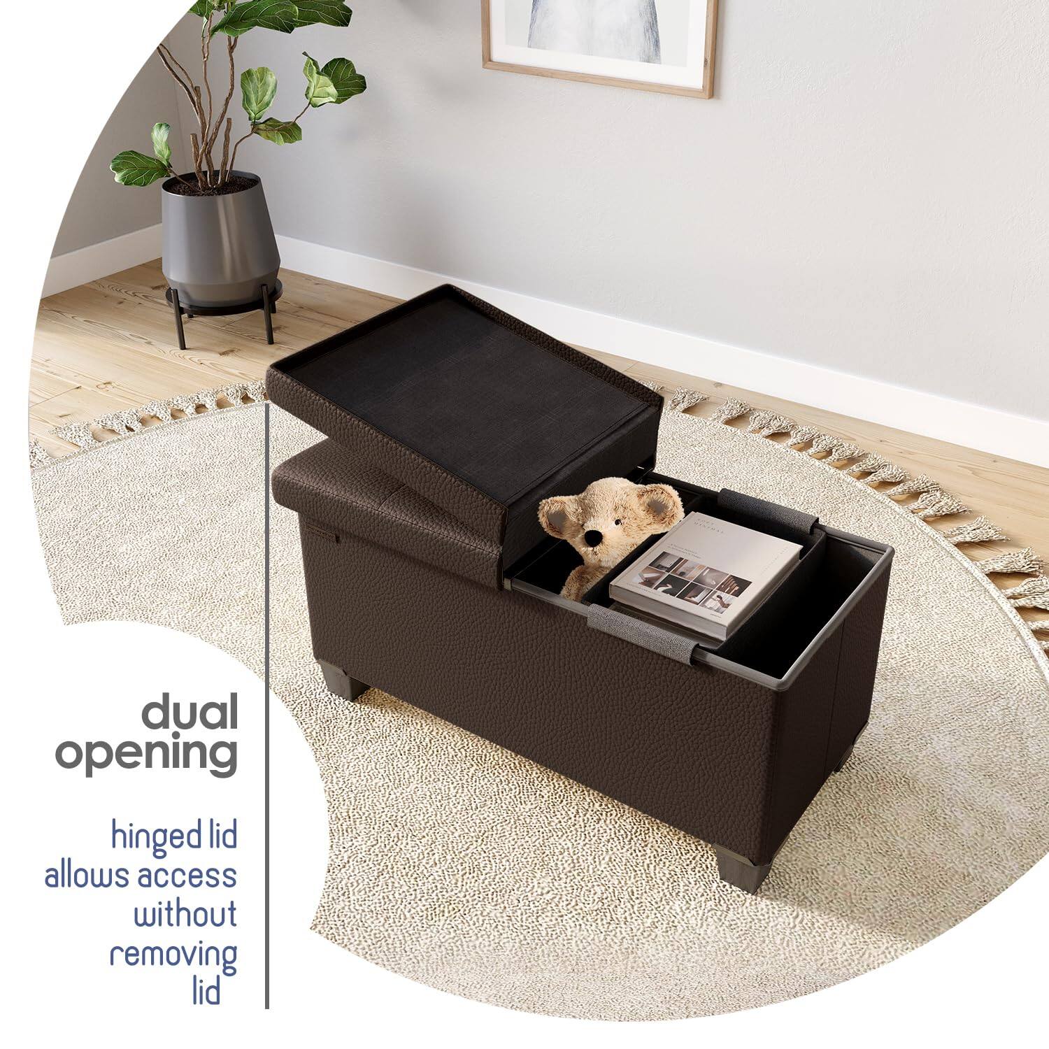dual opening  
hinged lid allows access without removing lid
