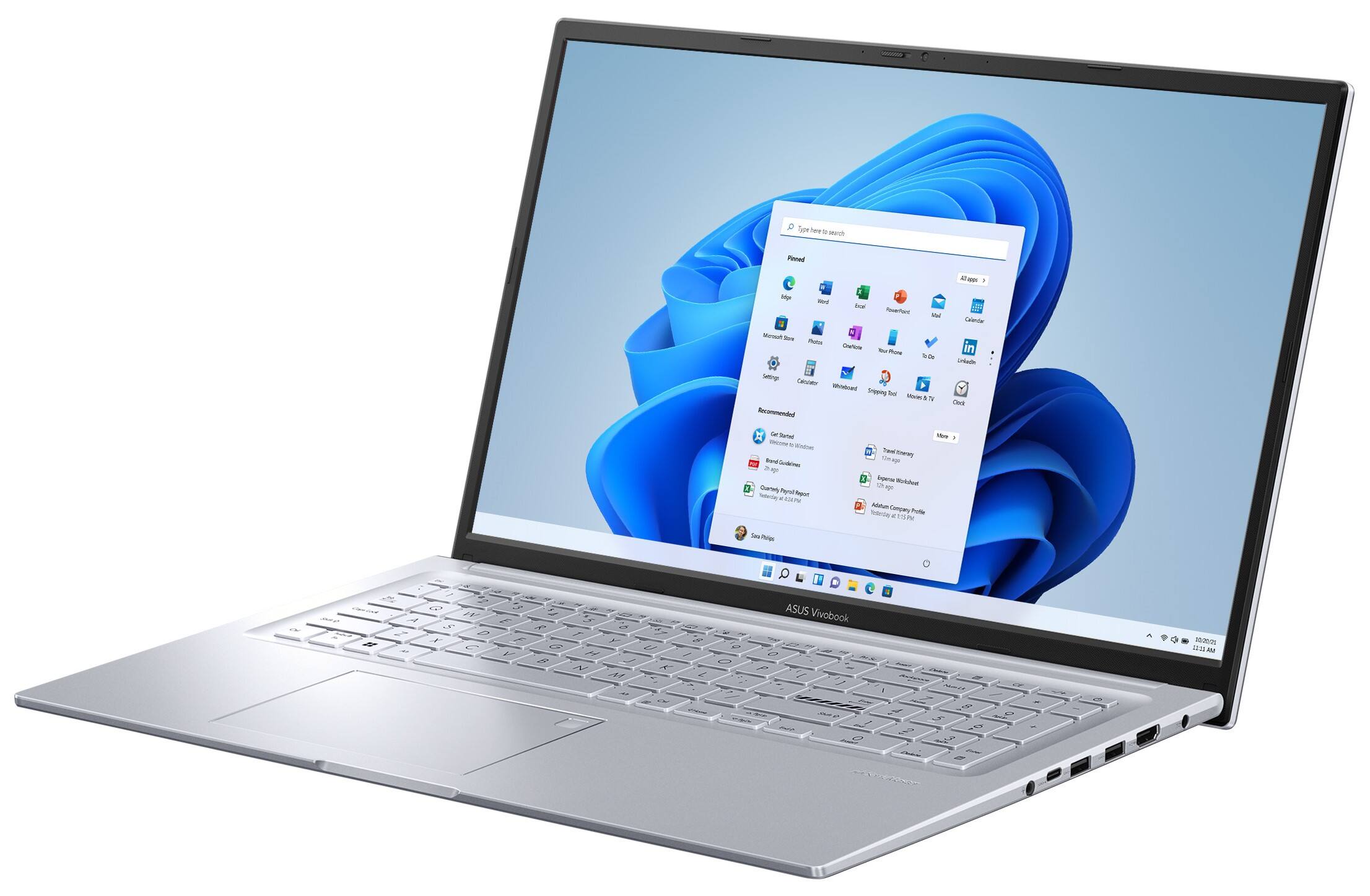 A new Asus Vivobook 2 laptop computer is shown with a blue screen. The laptop is recommended for users who want a stylish and powerful device. It features a 15.6-inch screen, 16GB RAM, and an Intel Core i7 processor. The laptop is also equipped with a dedicated graphics card, making it suitable for gaming and other demanding tasks. The blue screen adds a touch of color to the otherwise sleek and modern design of the laptop.