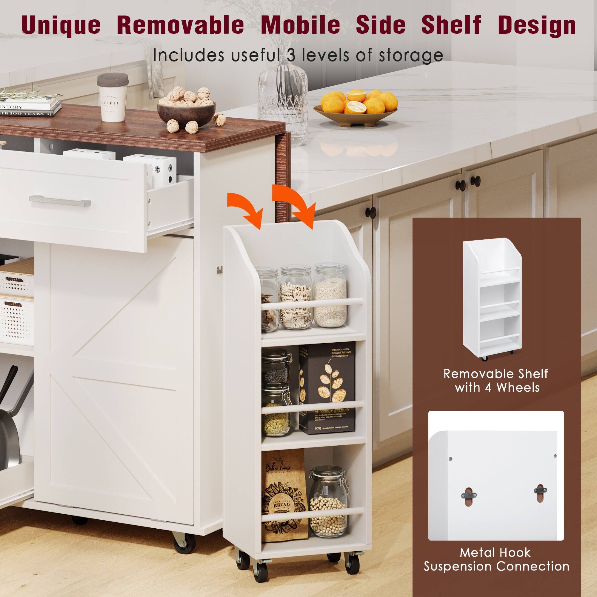 Unique Removable Mobile Side Shelf Design  
Includes useful 3 levels of storage  

- Removable Shelf with 4 Wheels  
- Metal Hook Suspension Connection