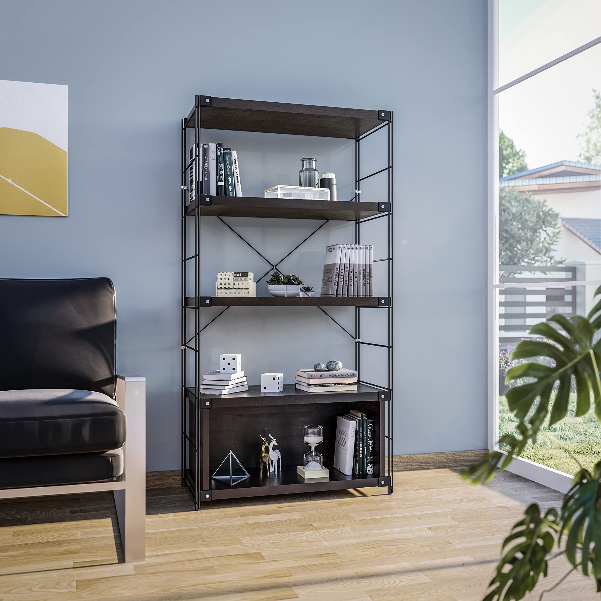 Angle. LeisureMod - Etagere 4-Shelf Industrial Bookcase with Black Steel Frame and Melamine Shelves Open Storage for Living Room and Office - Dark Walnut.