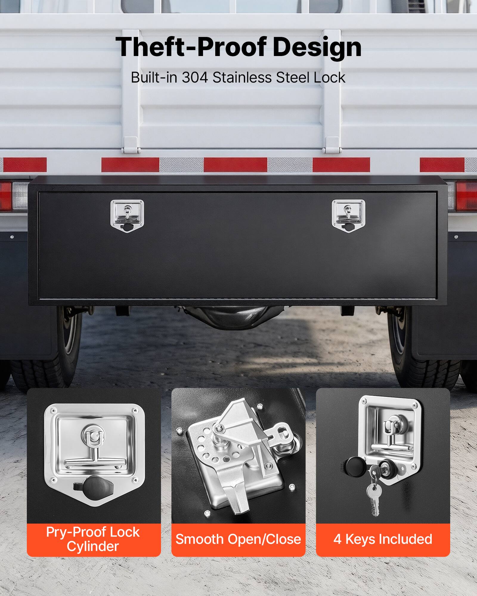 Theft-Proof Design  
Built-in 304 Stainless Steel Lock  

- Pry-Proof Lock Cylinder  
- Smooth Open/Close  
- 4 Keys Included